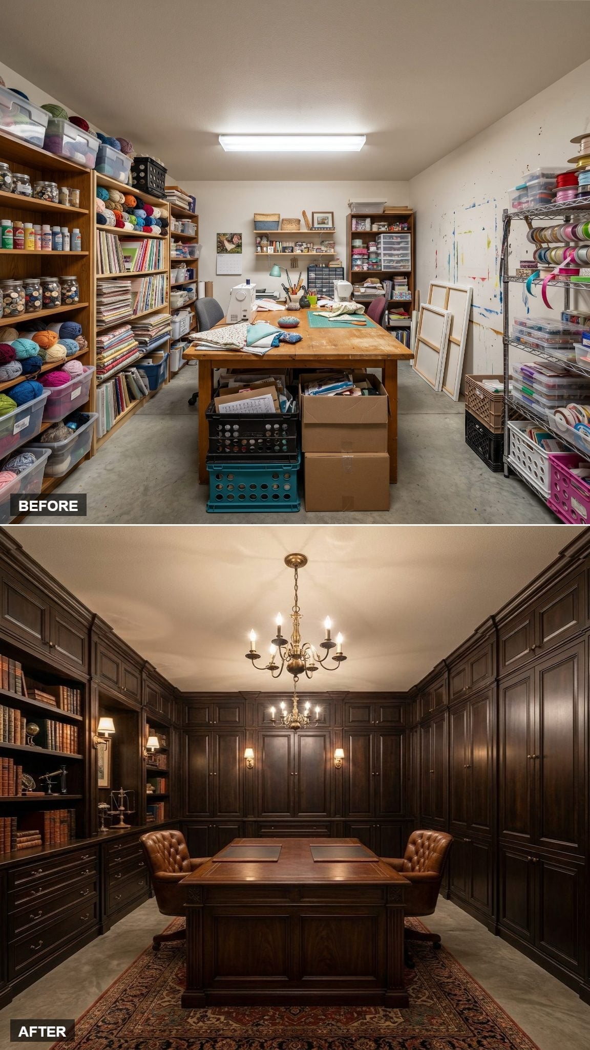 Dark Wainscoting and a Brass Chandelier Gave This Craft Room a Gentleman's Library Soul