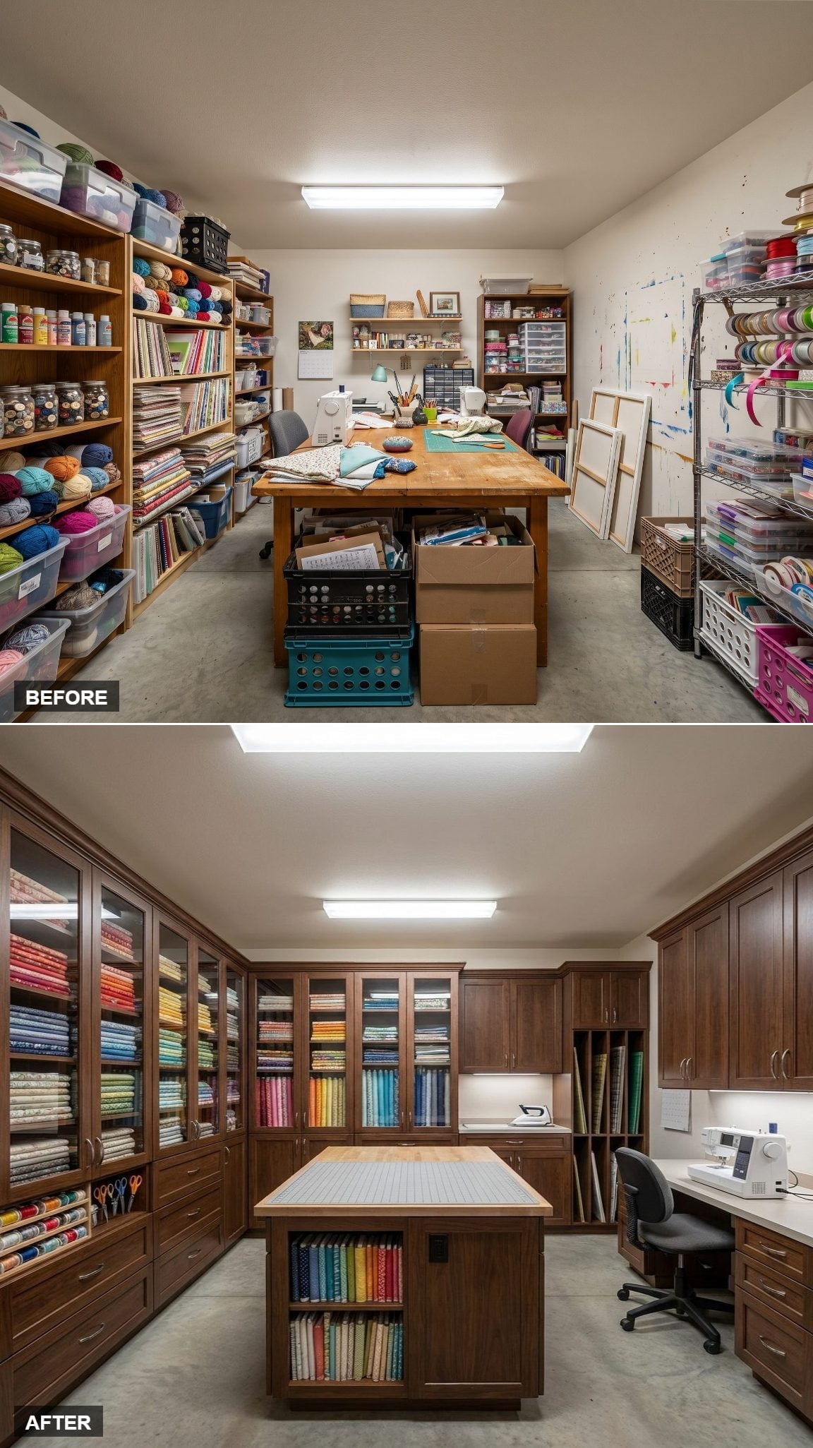 Dark Walnut Cabinetry and a Fabric Island Gave This Sewing Room a Proper Studio Layout