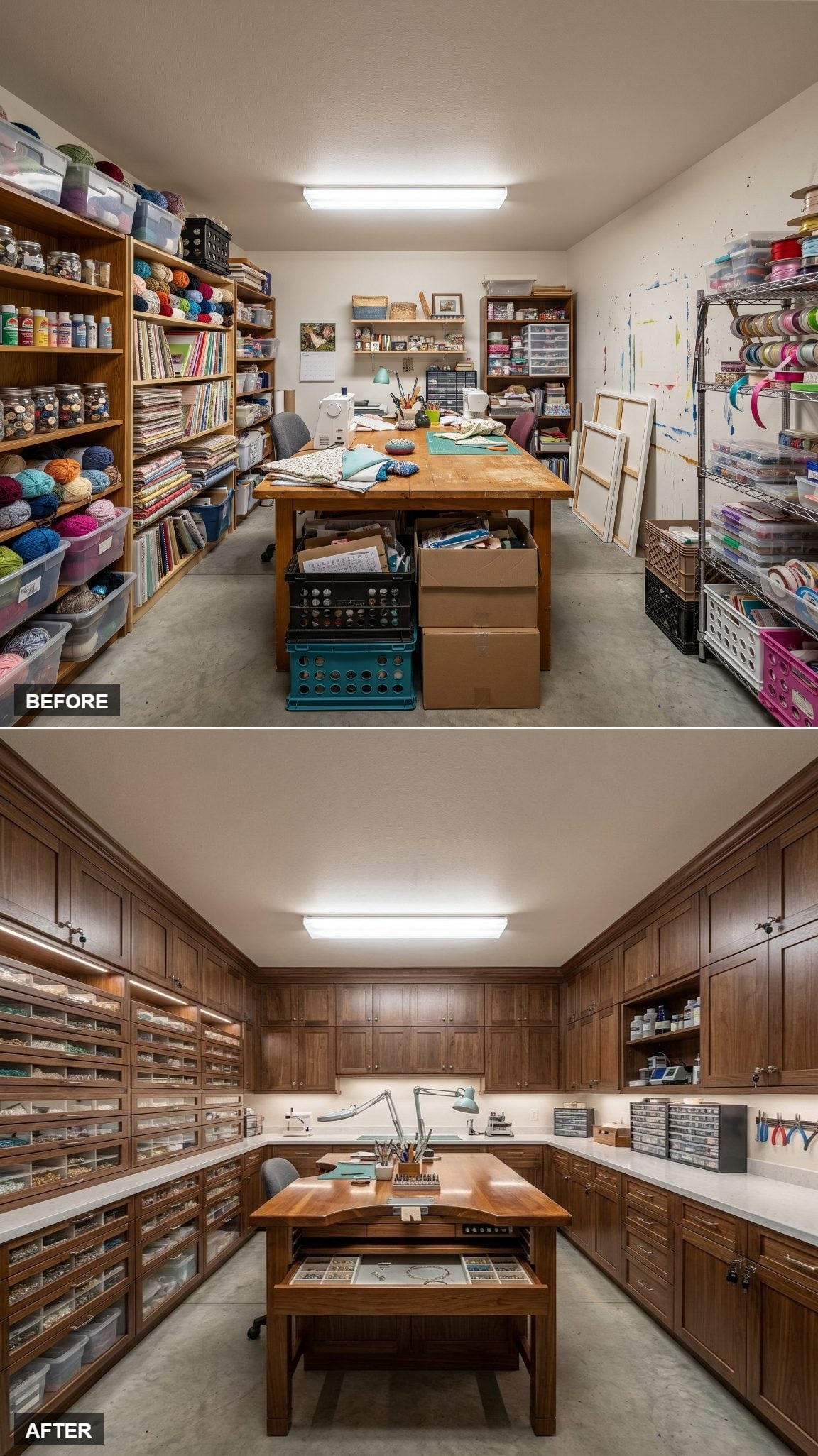 Dark Walnut Cabinetry and a Wall of Drawers Gave This Craft Room a Serious Working Identity