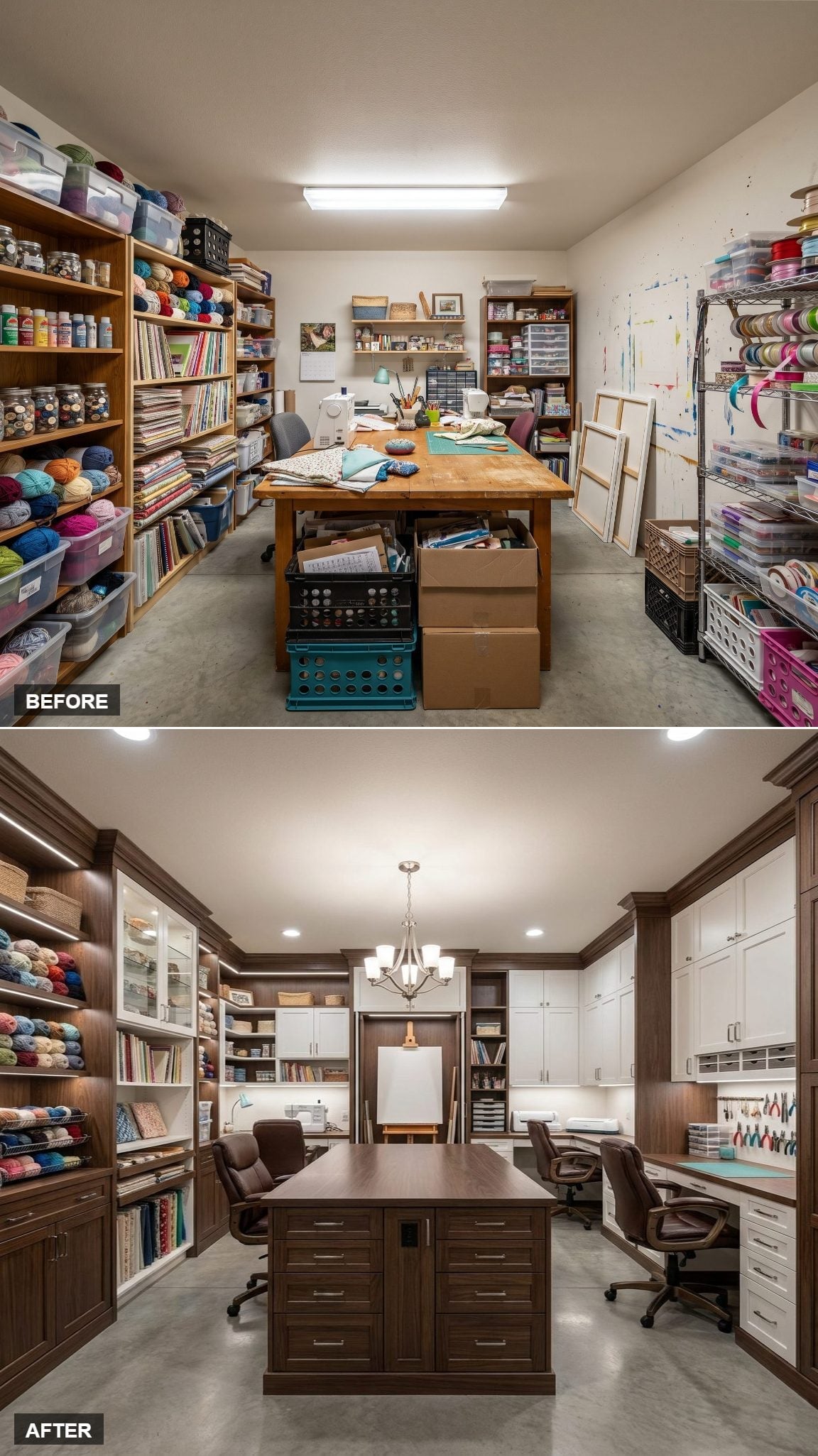 Dark Wood Cabinetry and a Chandelier Gave This Craft Room a Serious Upgrade