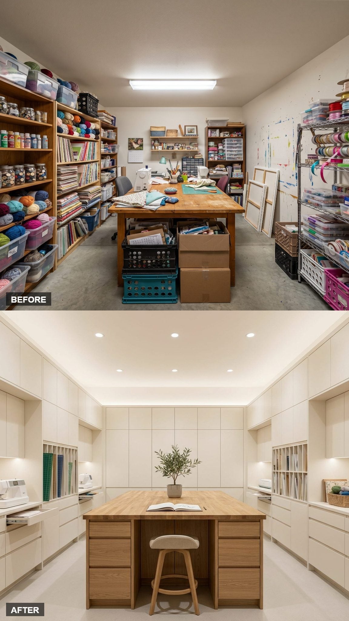 Flat-Front White Cabinetry and Recessed Lighting Gave One Craft Room a Serious Studio Calm