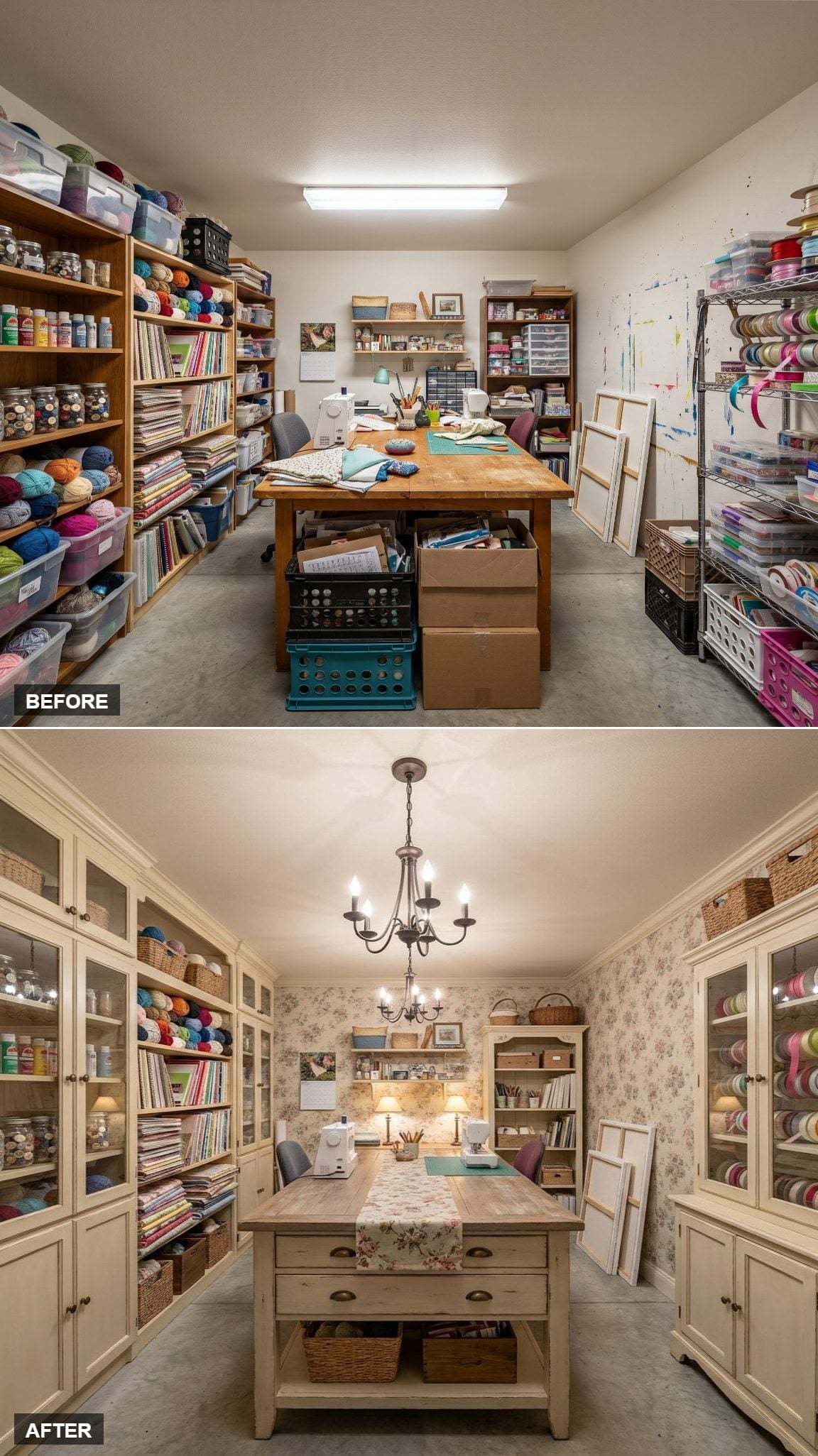 Floral Wallpaper and Glass-Front Cabinetry Gave This Craft Room a Cottage Studio Personality