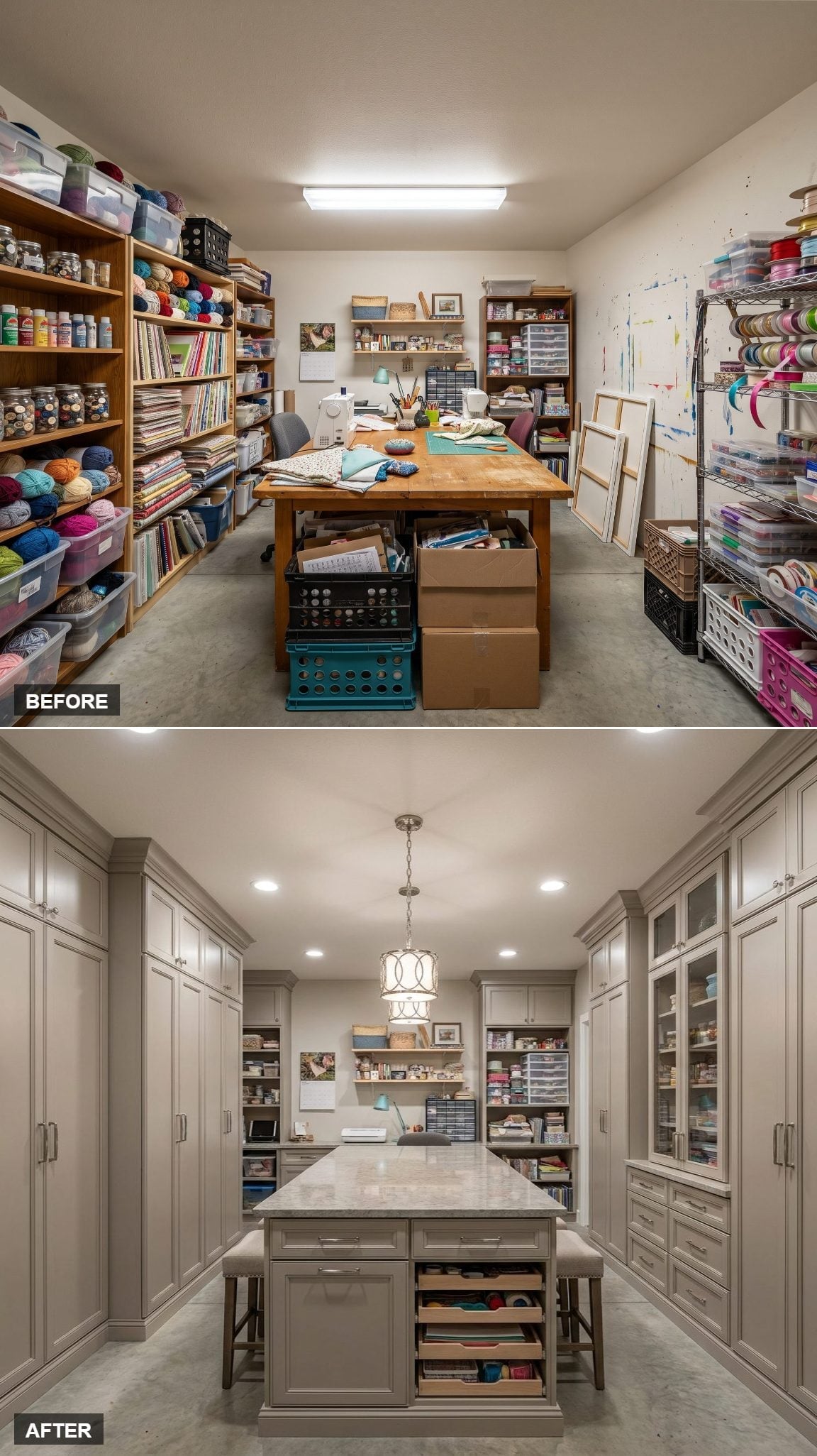 Gray Cabinetry and a Stone-Top Island Turned One Room into a Proper Craft Studio