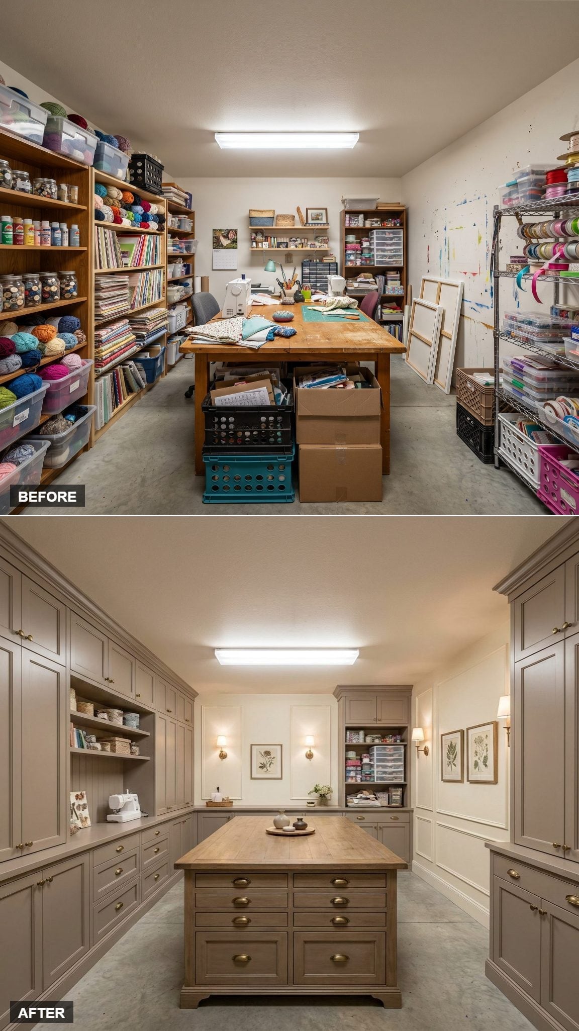 Greige Cabinetry and a Butcher Block Island Gave This Craft Room a Studio It Actually Deserved
