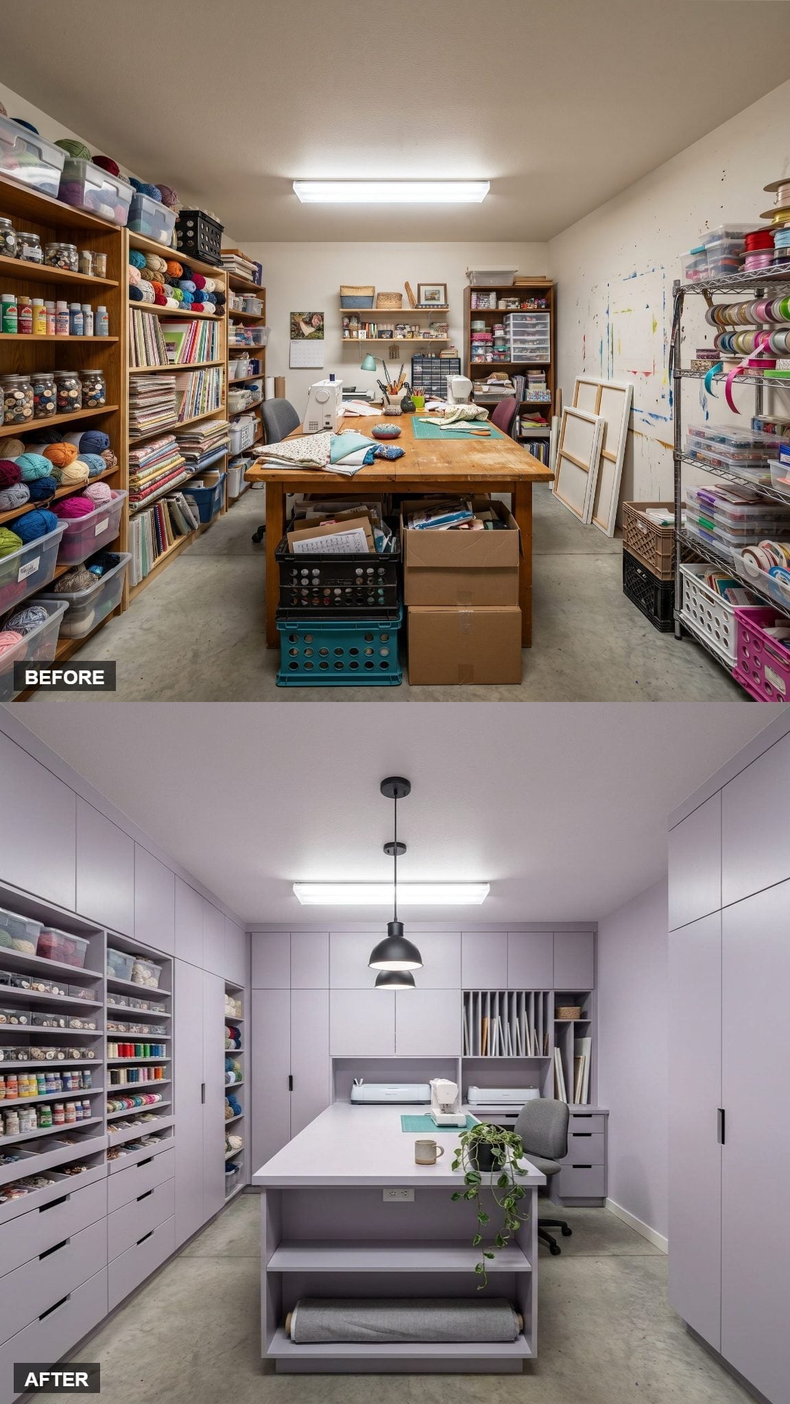 Lavender Built-Ins and a Pendant Island Gave One Craft Room an Actual Studio Spine