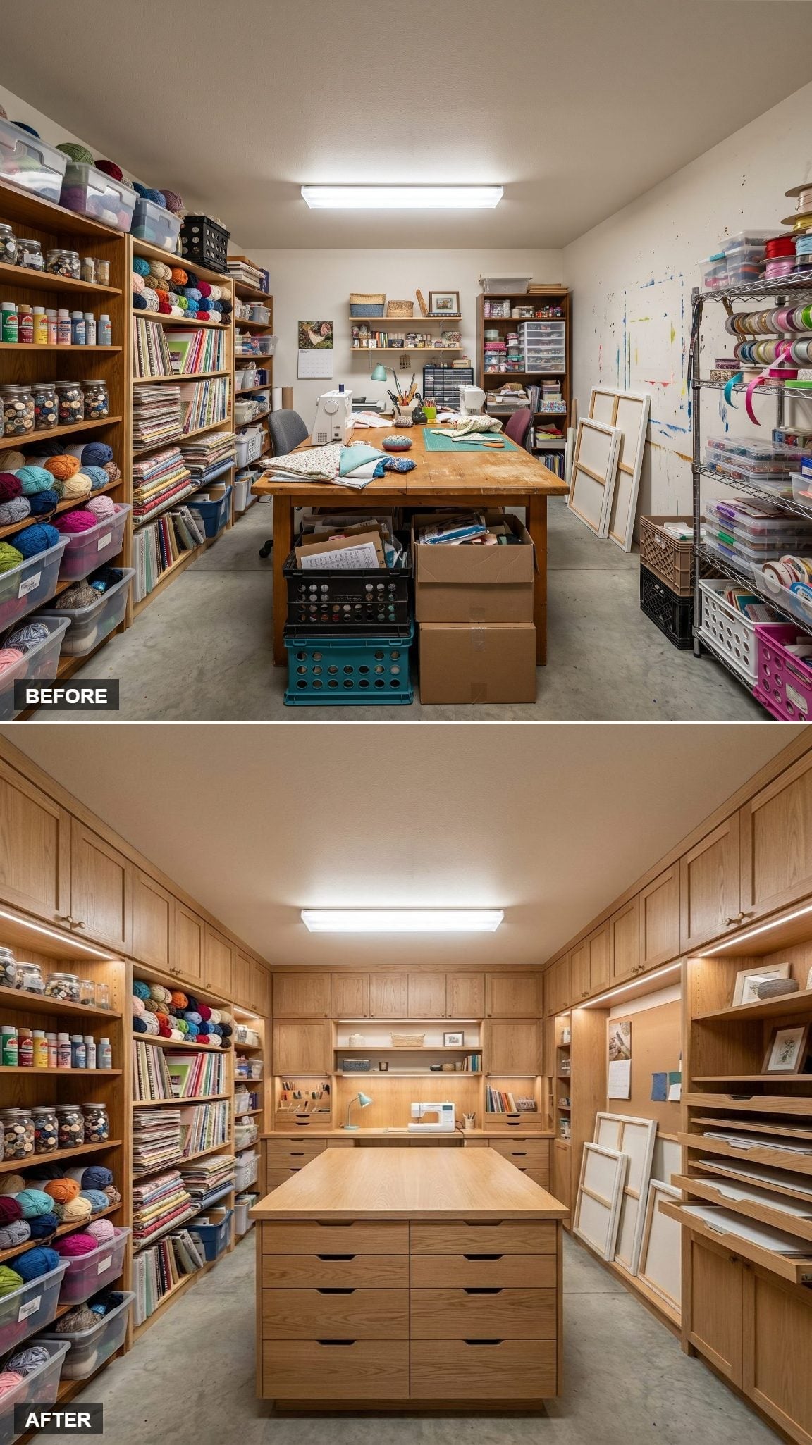 Light Wood Cabinetry and a Drawer-Heavy Island Gave This Craft Room Real Working Power
