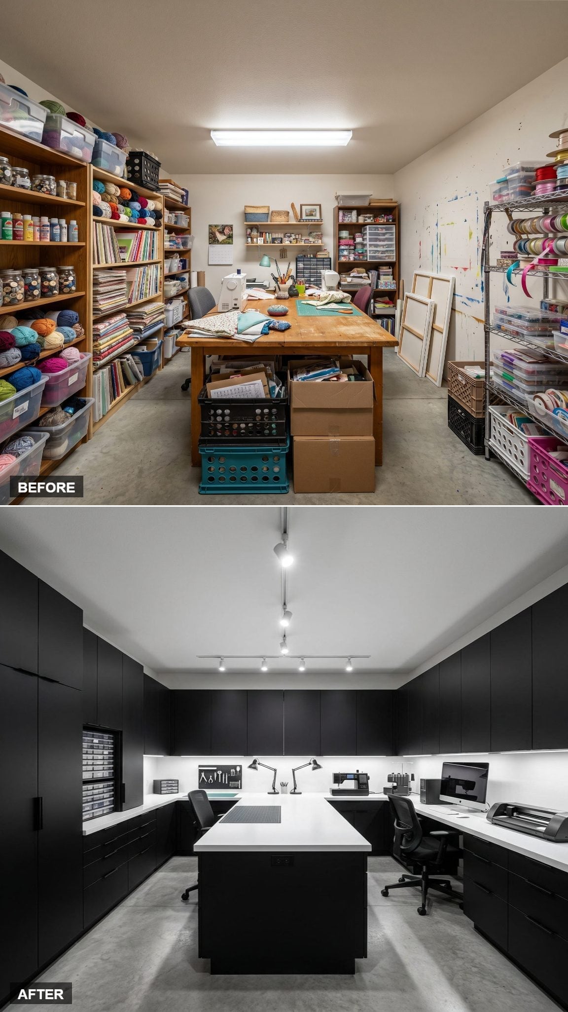 Matte Black Cabinetry and Track Lighting Gave This Craft Room a Real Studio Identity