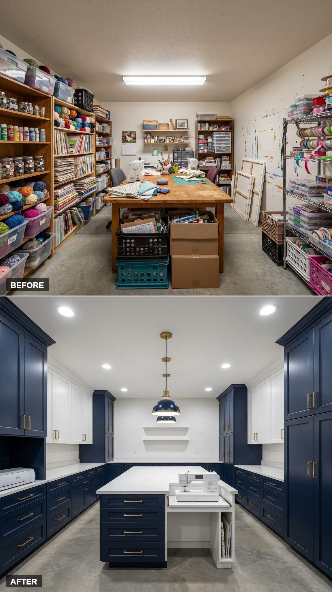 Navy Cabinetry and Brass Hardware Gave This Craft Room a Studio-Worthy Finish