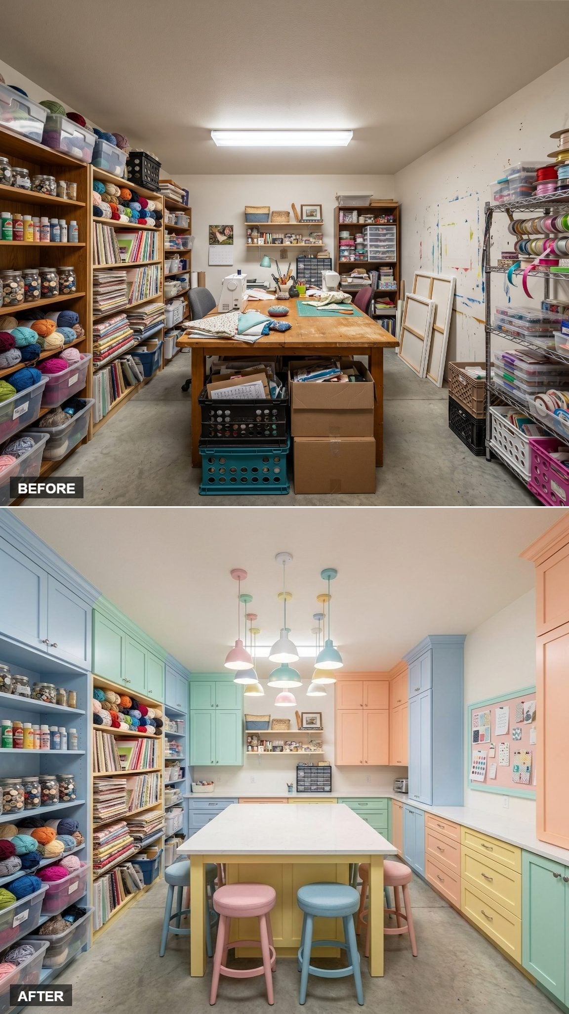 Pastel Cabinetry and a Cluster of Pendant Lights Gave This Craft Room a Studio Personality