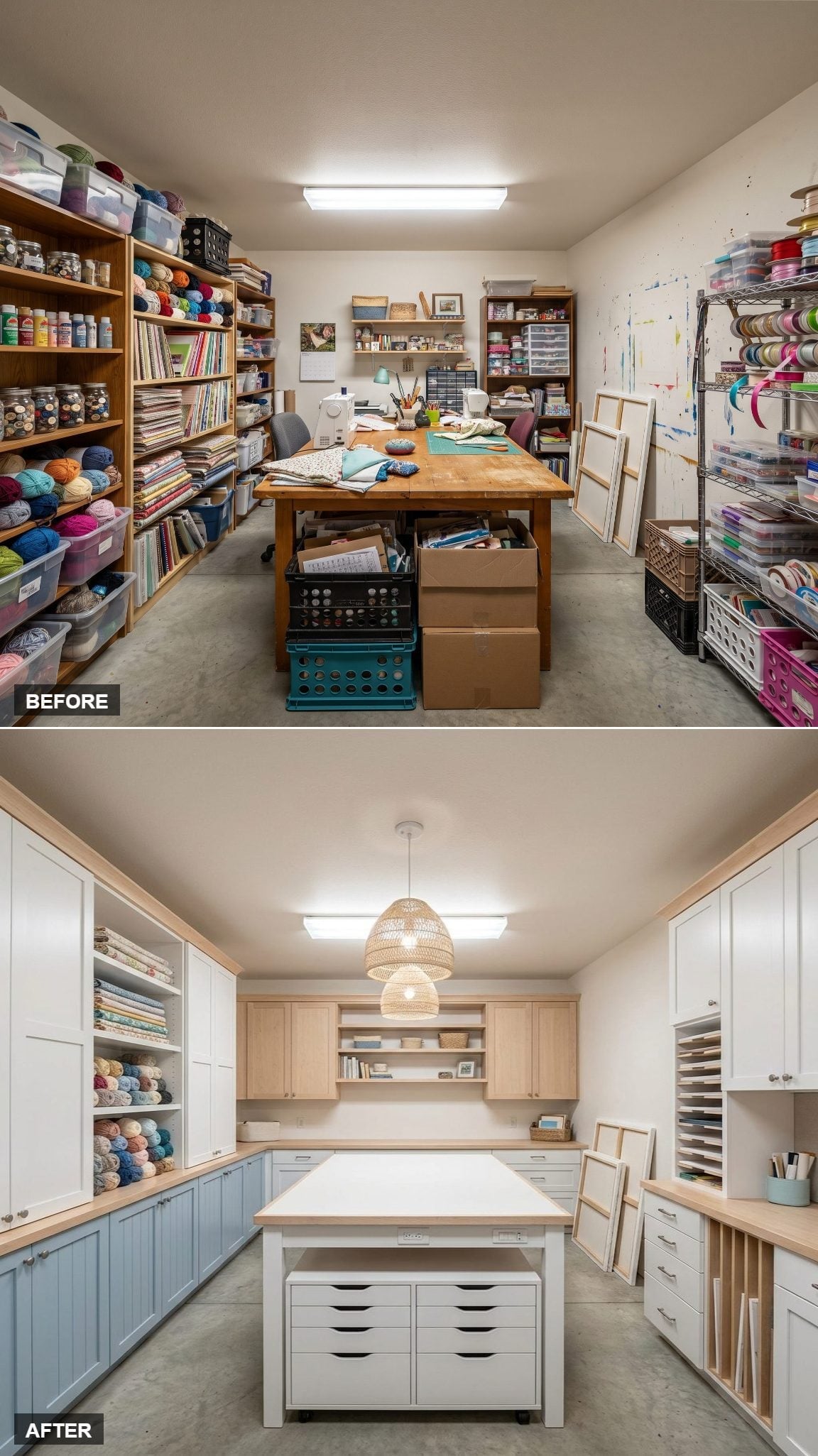 Powder Blue Lowers and a Drawer Island Gave This Craft Room a Real Studio Layout