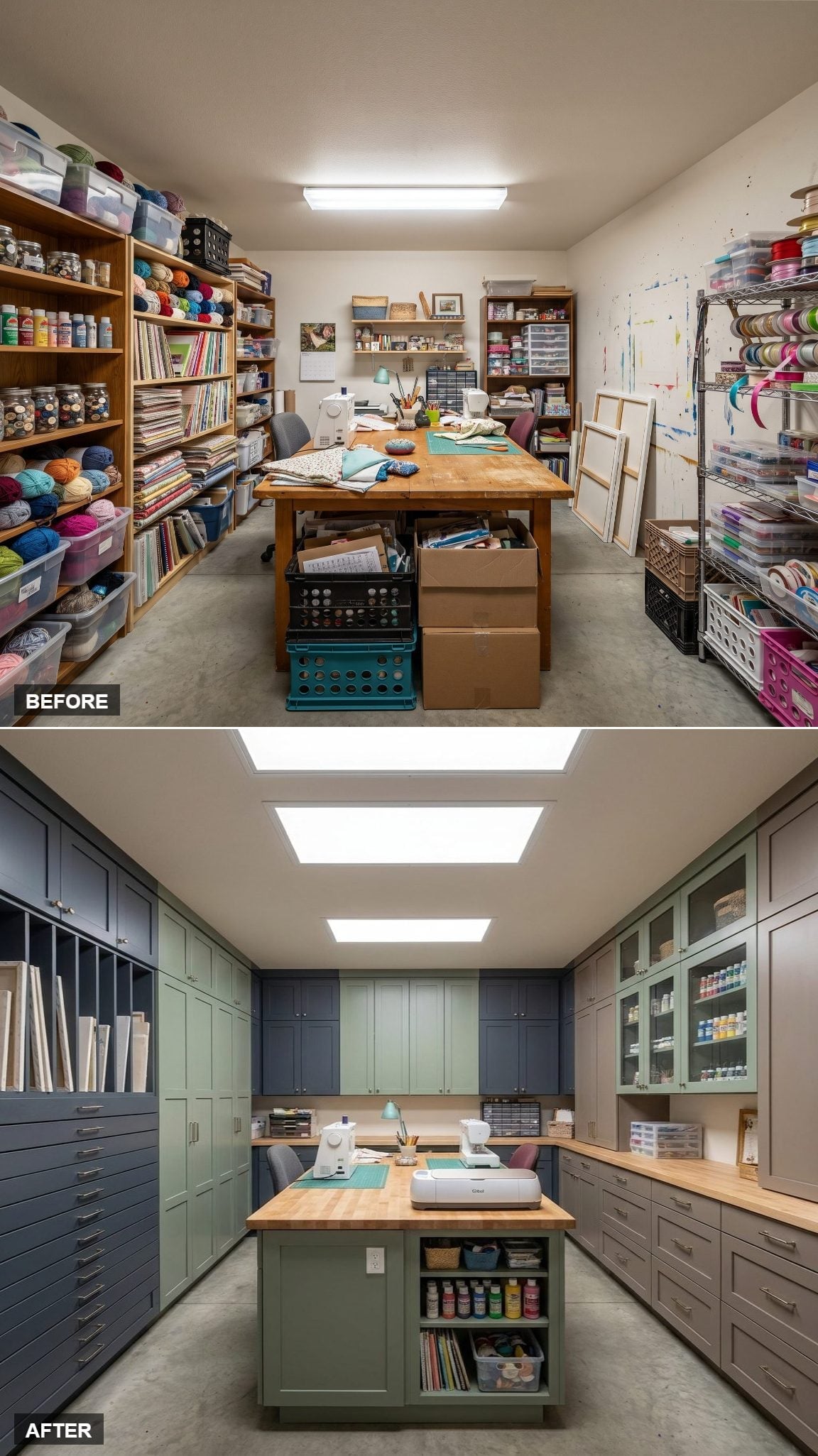 Sage and Slate Cabinetry with a Butcher Block Island Gave This Craft Room a Working Studio Layout