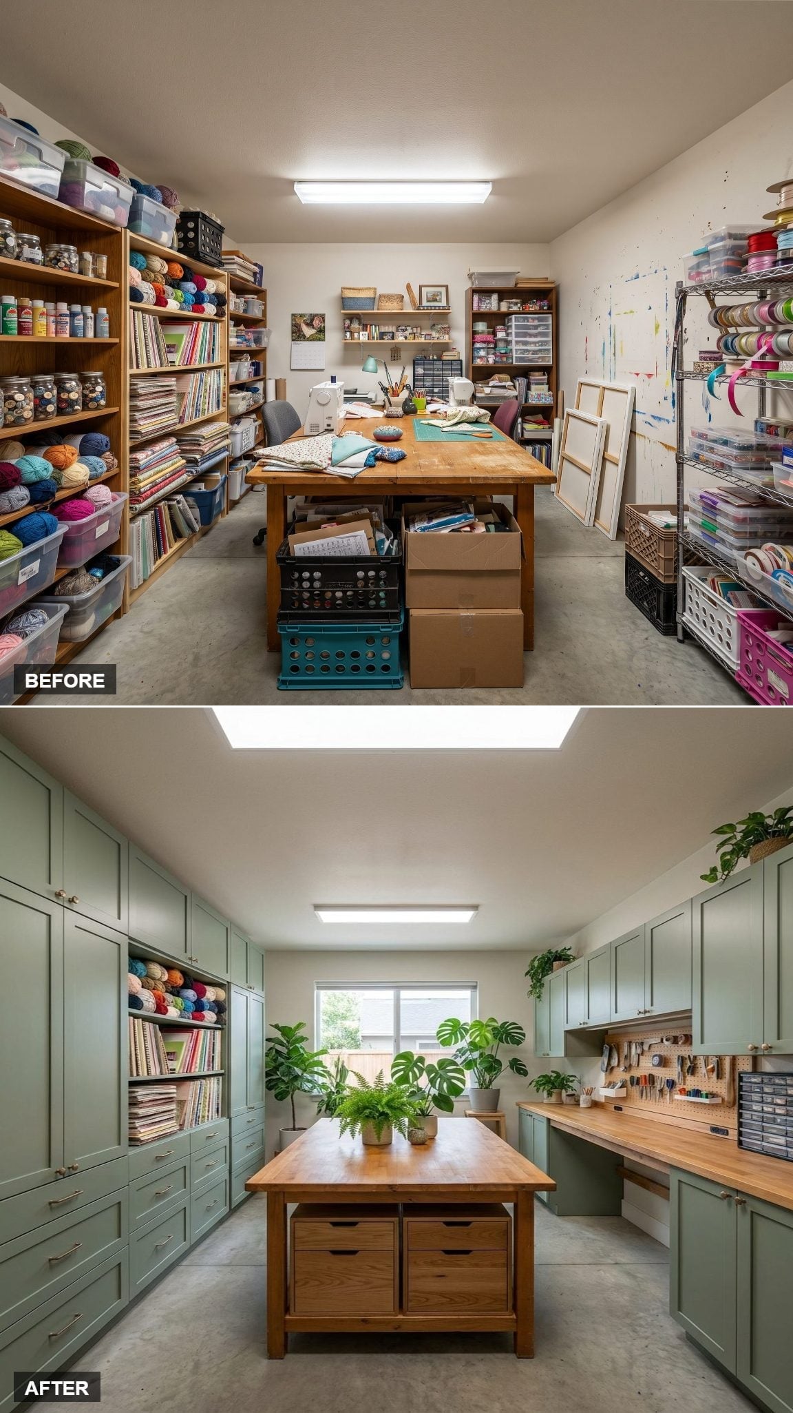 Sage Green Cabinetry and a Butcher Block Island Gave This Craft Room a Serious Working Identity