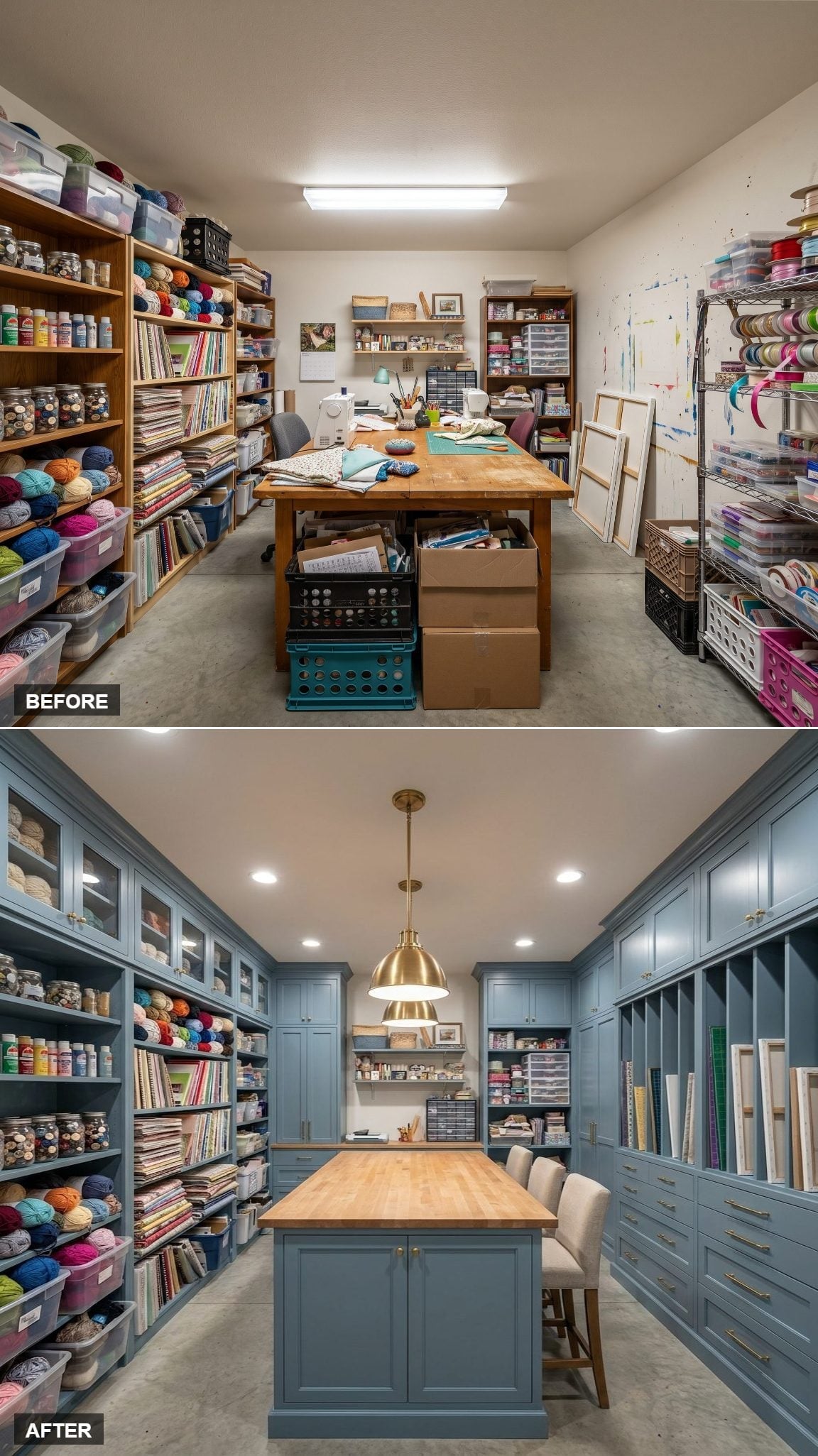 Slate Blue Cabinetry and Brass Hardware Gave This Craft Room a Boutique Studio Feel