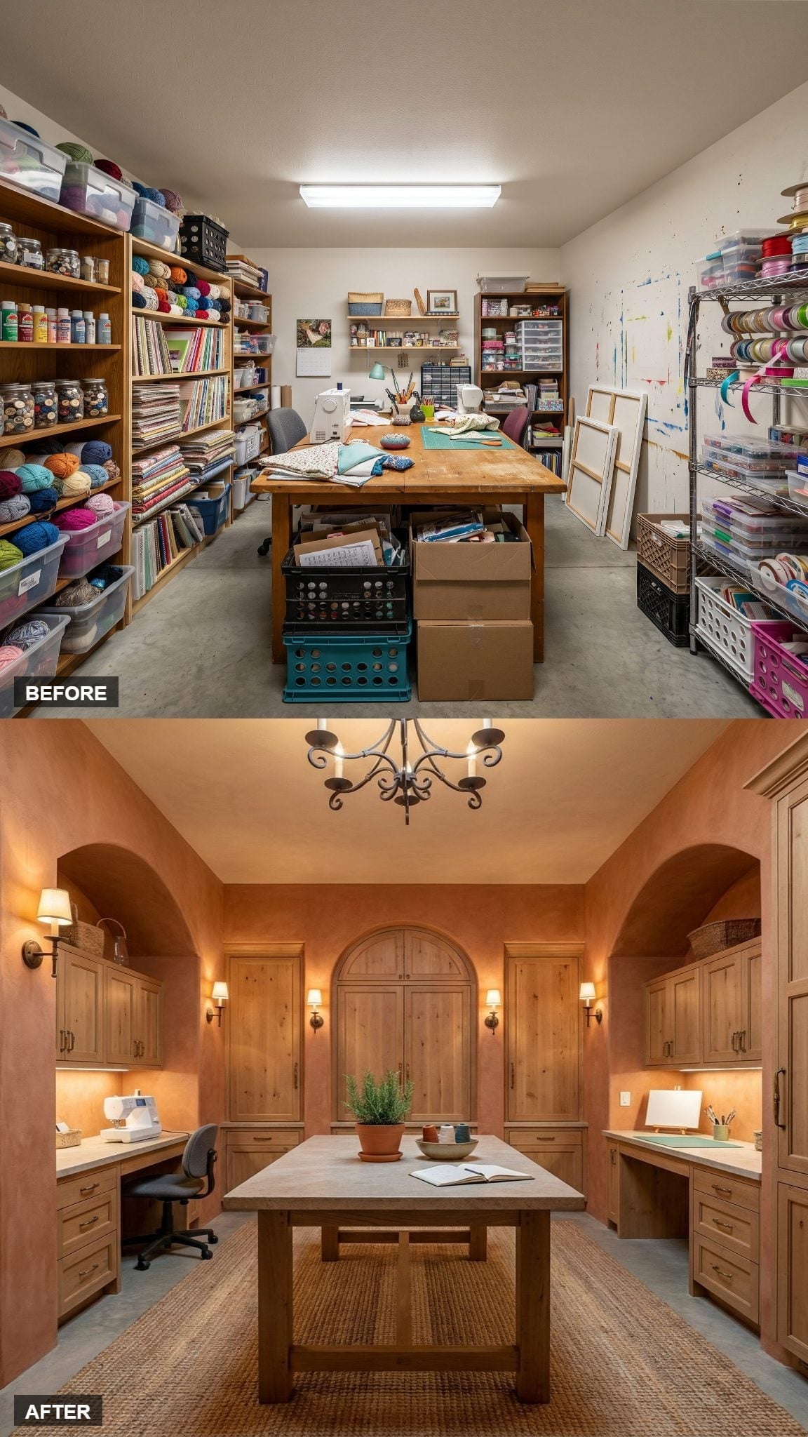 Venetian Plaster Walls and Knotty Alder Built-Ins Gave One Craft Room a Tuscan Studio Soul