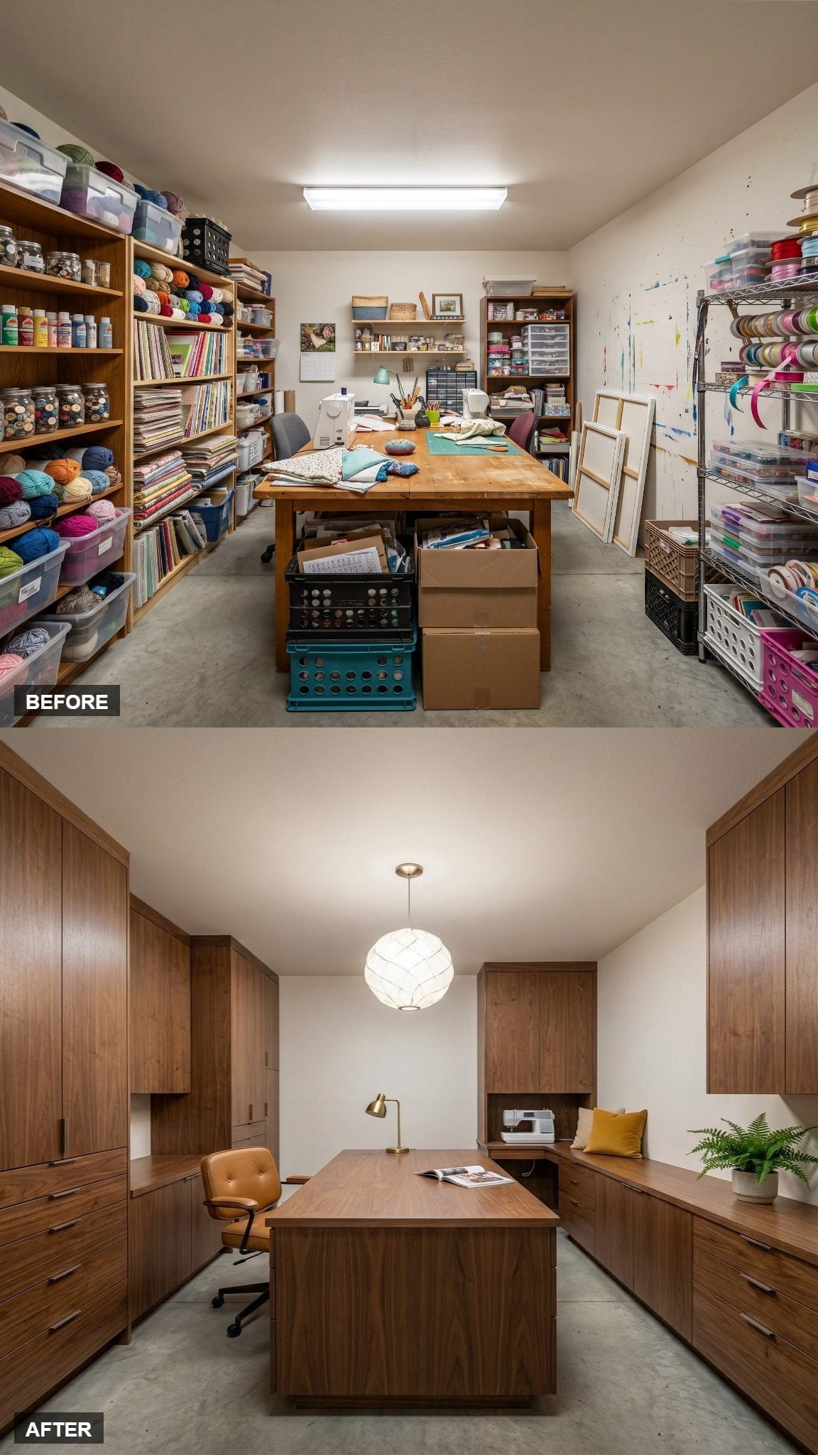Walnut Built-Ins and a Nelson Bubble Pendant Gave One Craft Room a Mid-Century Studio Soul