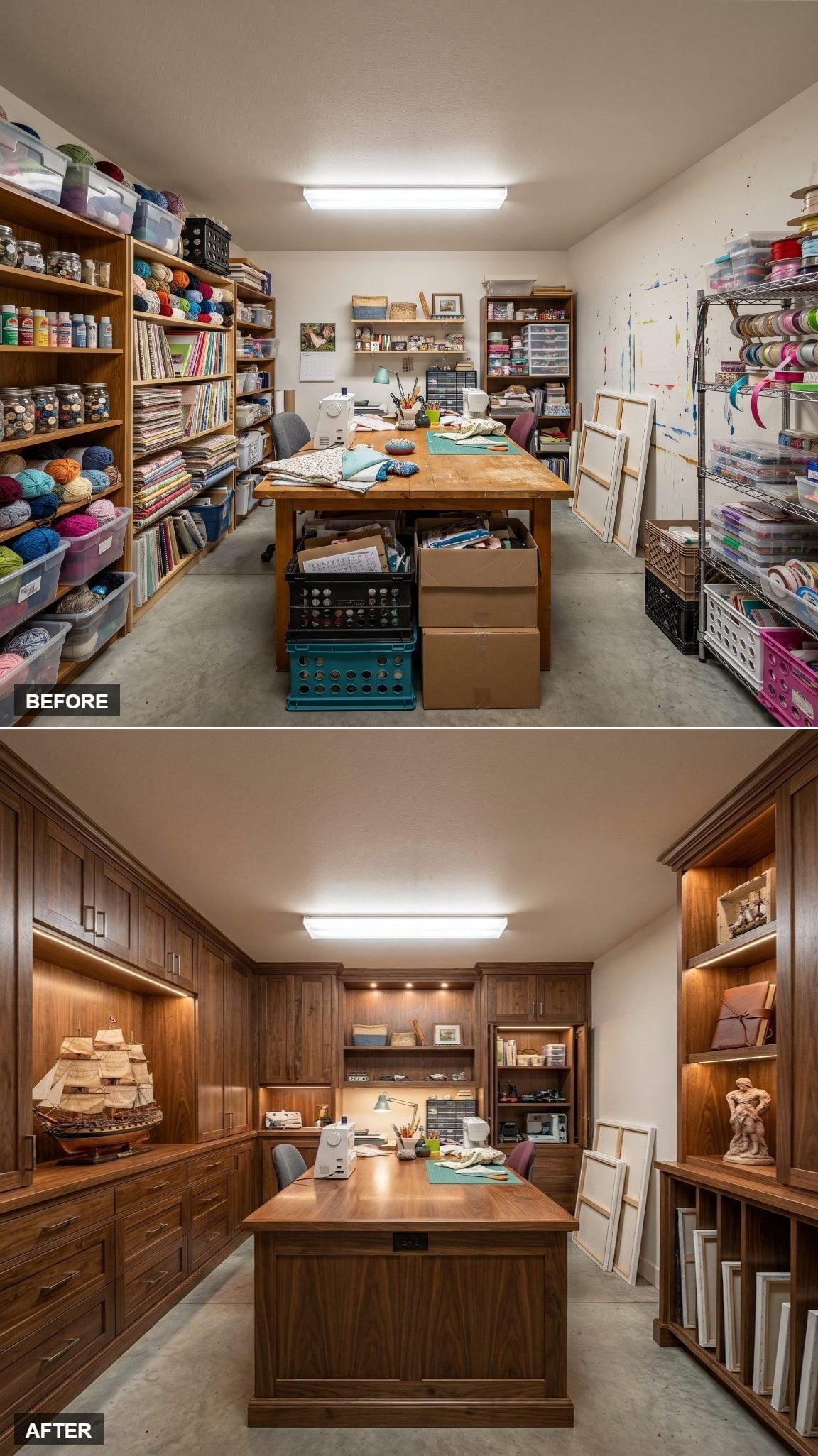 Walnut Built-Ins and Under-Cabinet Lighting Gave This Craft Room a Serious Studio Identity