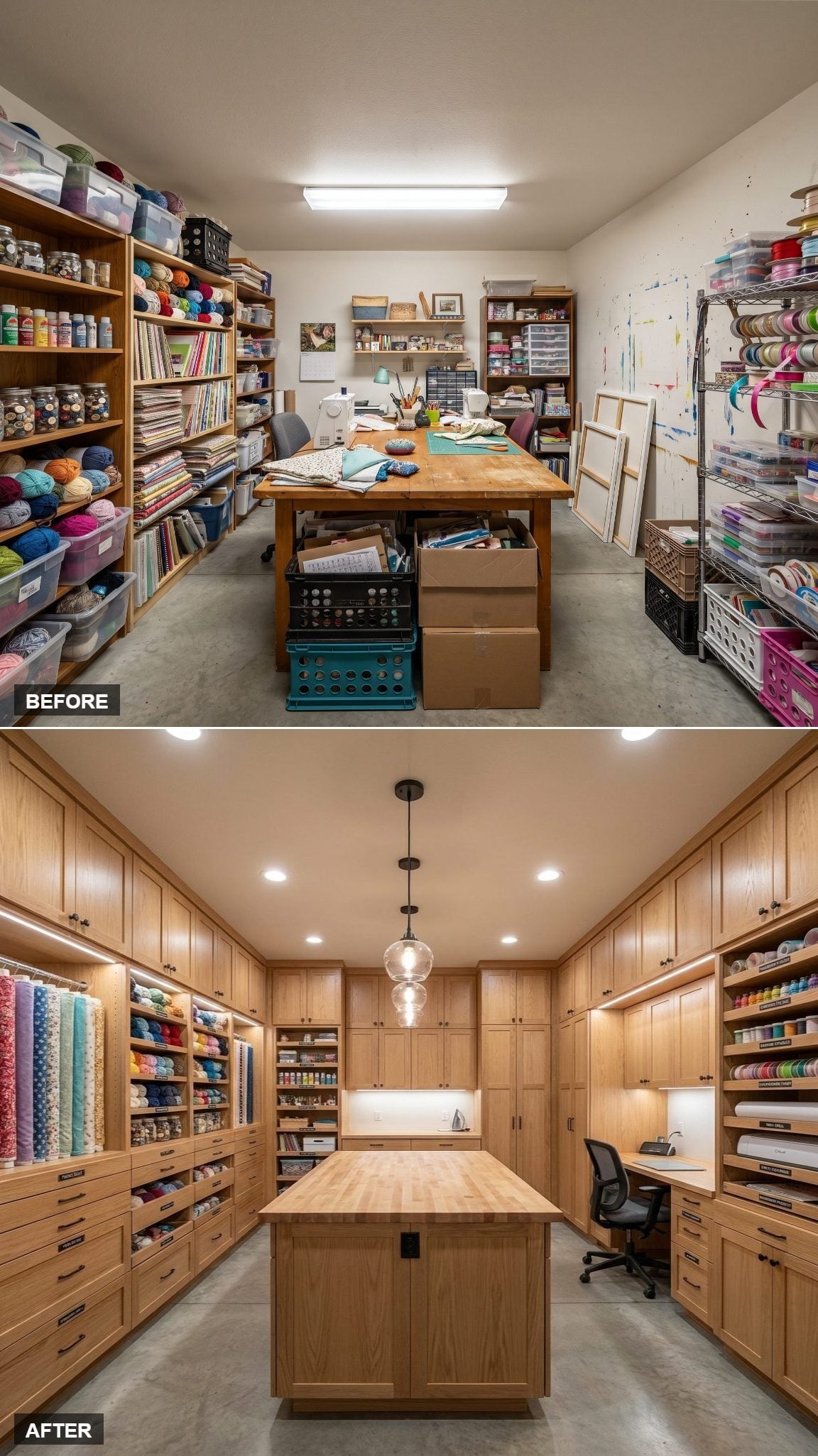 Warm Oak Cabinetry and a Butcher Block Island Turned Serial Hobbies Into a Real Studio