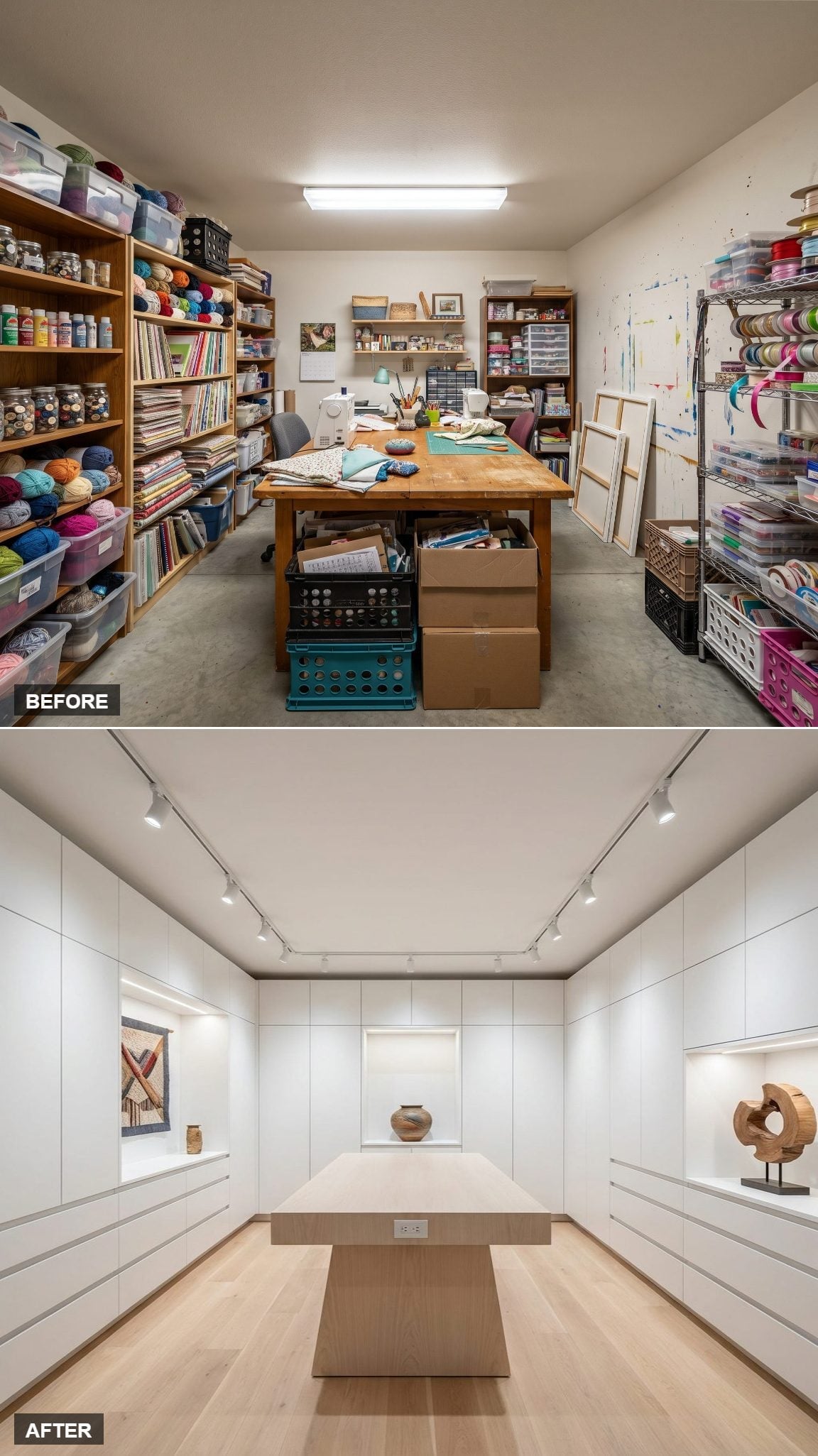 White Lacquer Cabinetry and Recessed Display Niches Turned One Craft Room Into a Gallery Studio