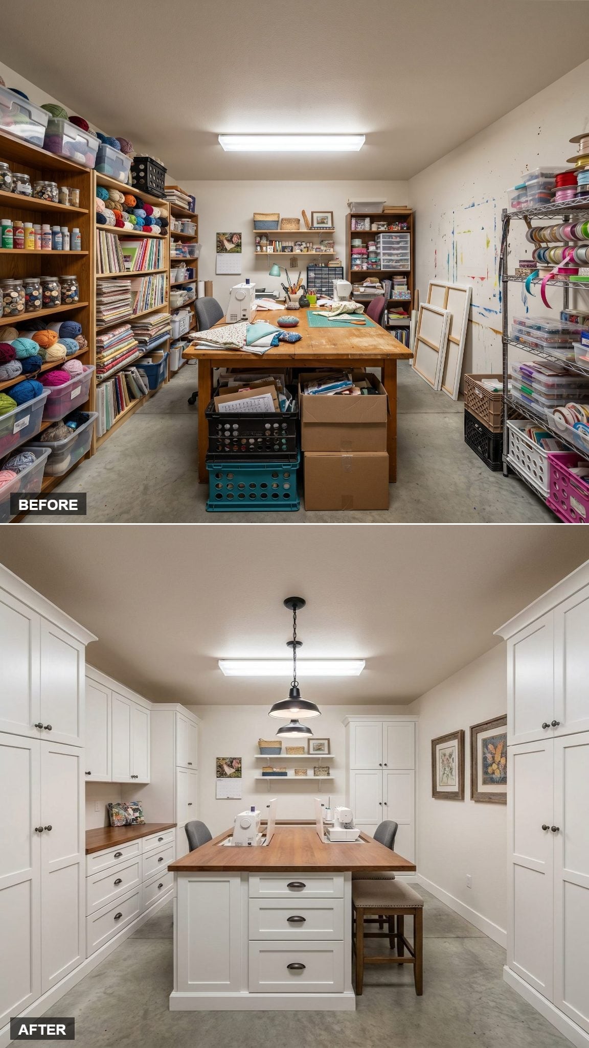 White Shaker Cabinetry and a Butcher Block Island Gave This Craft Room a Clean Studio Purpose