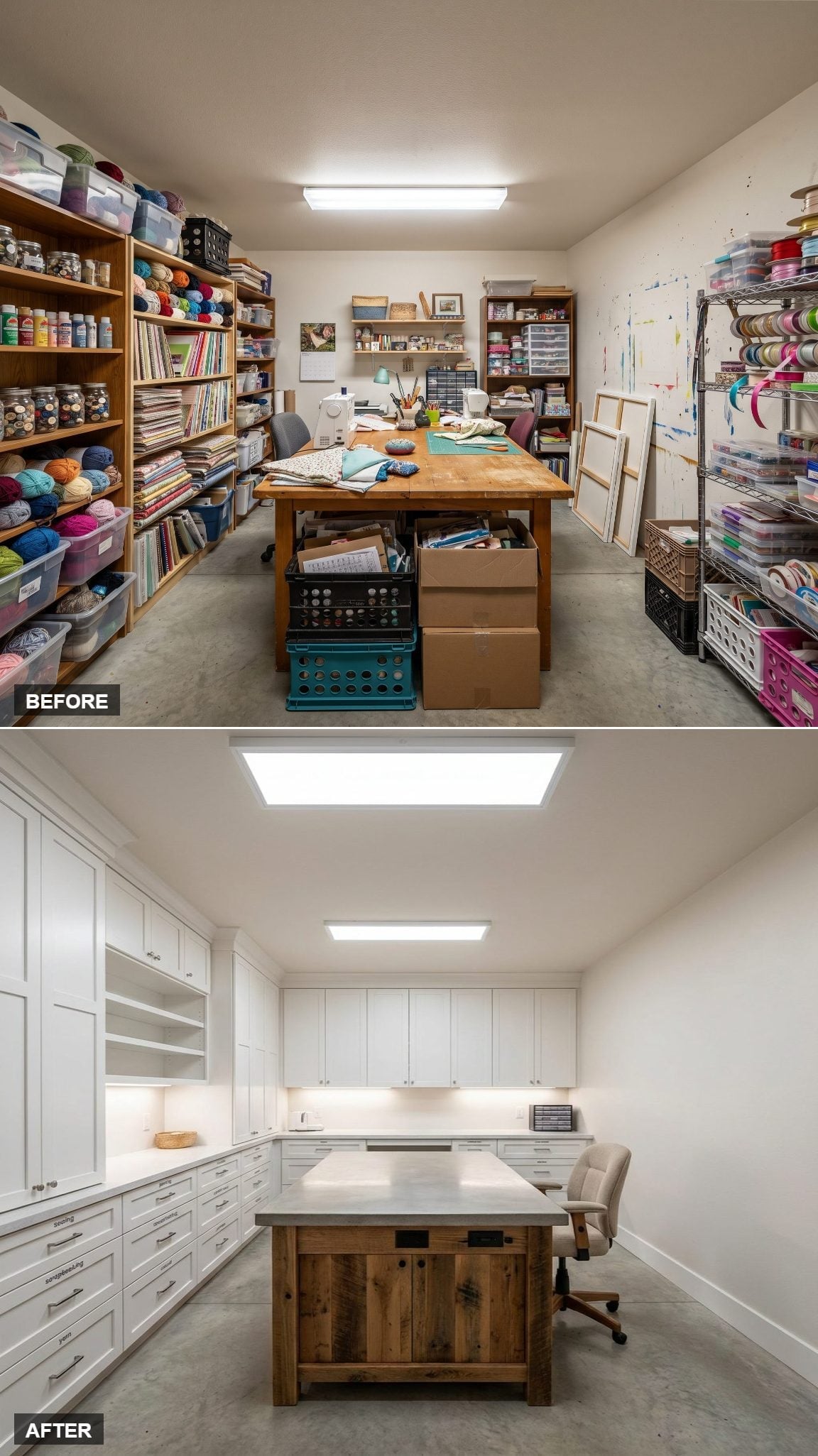 White Shaker Cabinets and a Reclaimed Wood Island Gave This Craft Room Real Structure