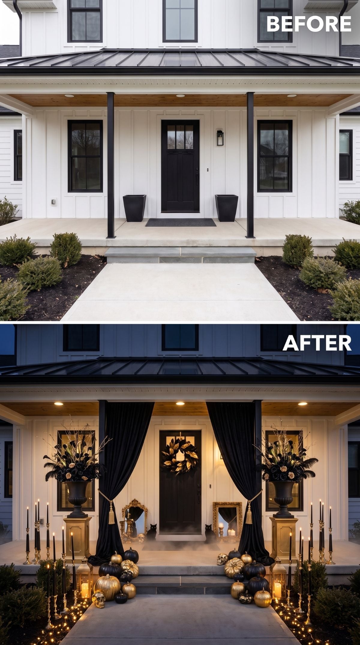 Black Velvet Drapes and Gold Pumpkins Turn a Spotless Farmhouse Porch Gothic