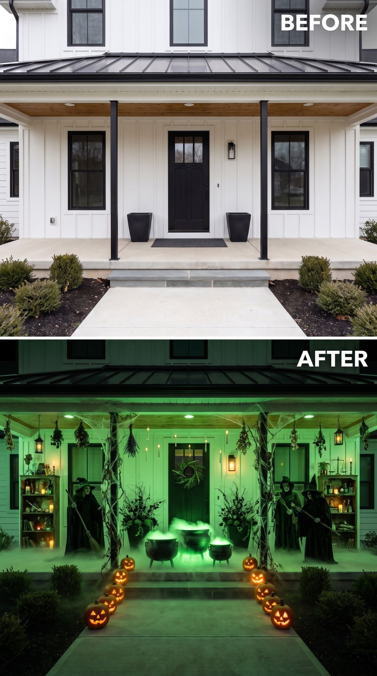 Cauldrons, Witches, and Green Fog Swallow a Pristine Modern Farmhouse Porch