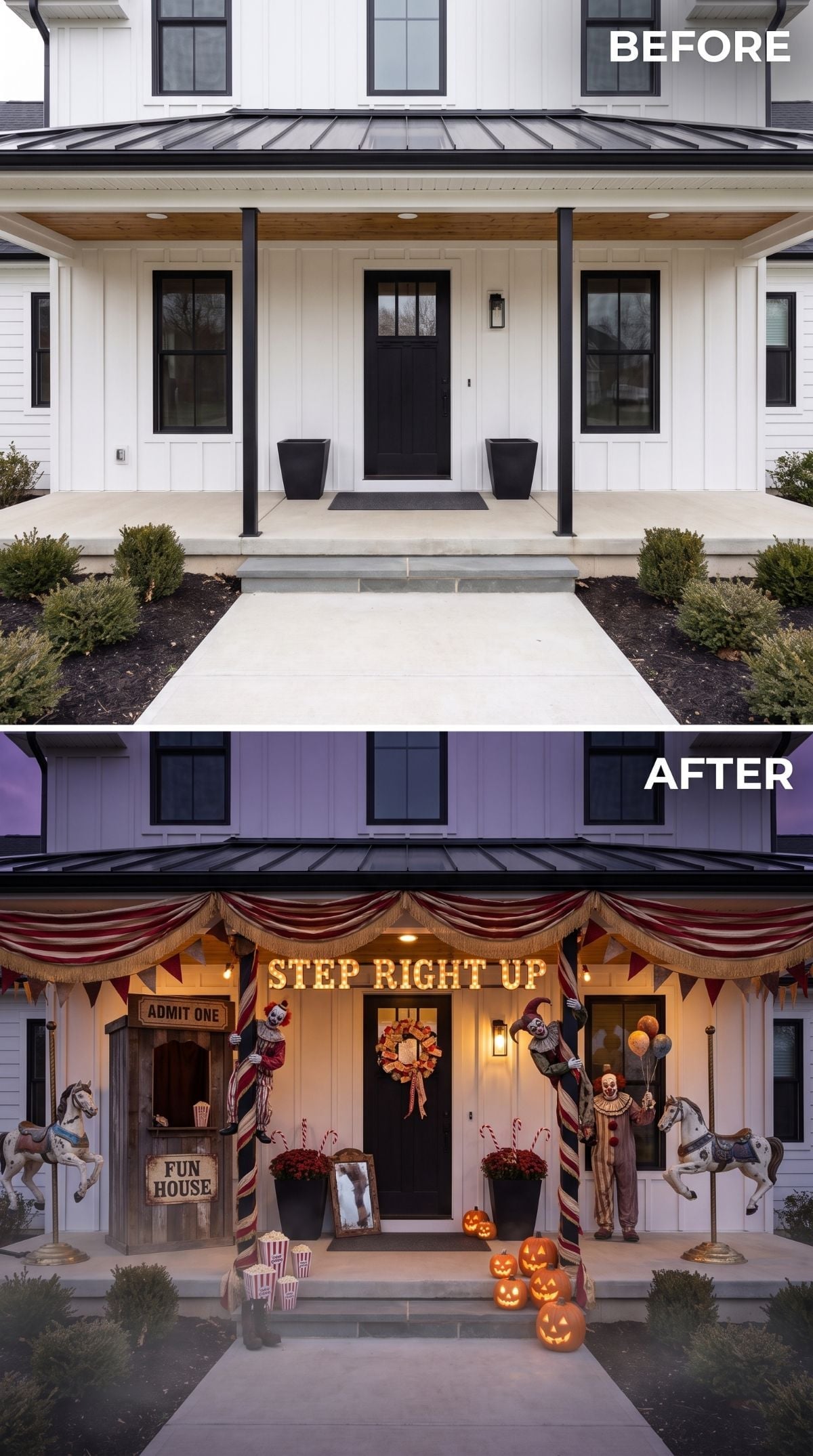 Creepy Carnival Clowns and Carousel Horses Hijack a Spotless Farmhouse Porch