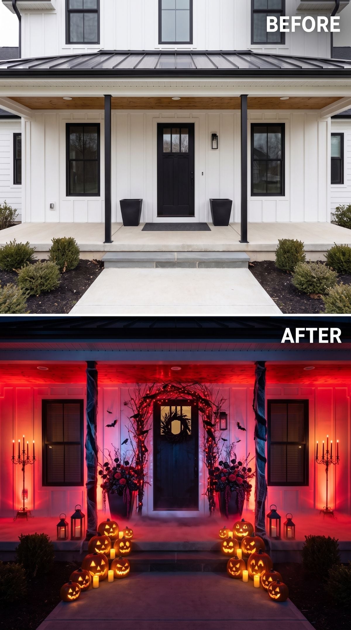 Crimson Floodlights and Stacked Jack-o'-Lanterns Haunt a Clean Modern Farmhouse Porch