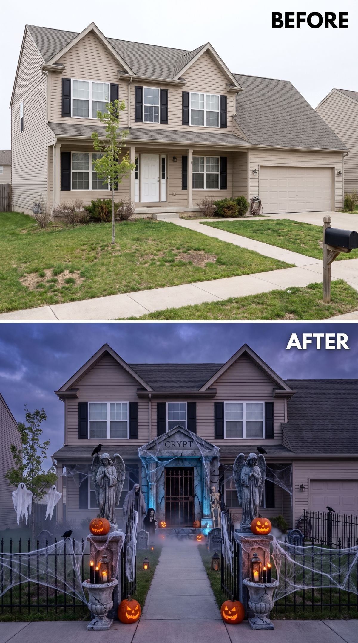 Crypt Entrance, Angel Statues, and Ground Fog Finish a Beige Two-Story Completely
