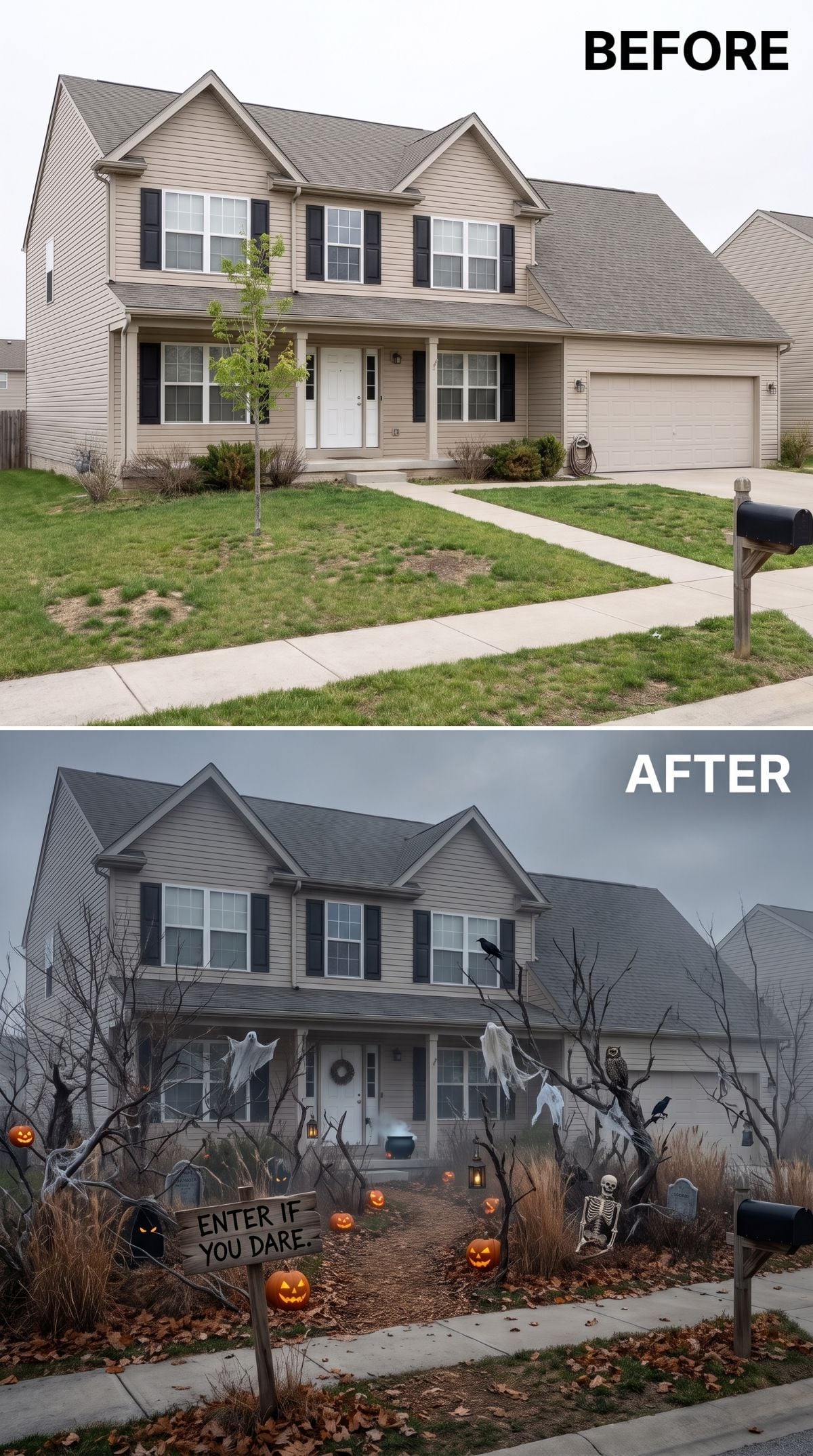 Dead Trees, Jack-o'-Lanterns, and Fog Turn One Suburban Yard Into "Enter If You Dare"