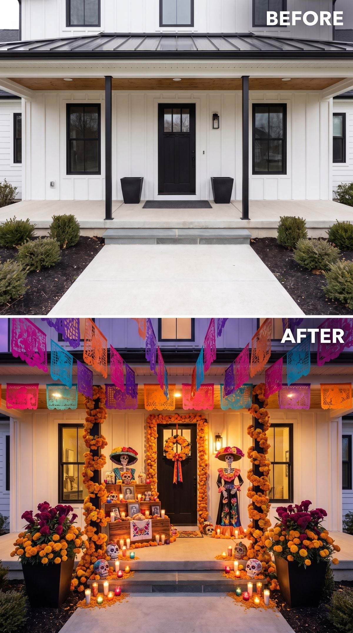 Día de los Muertos Marigolds and Papel Picado Flood a Farmhouse Porch