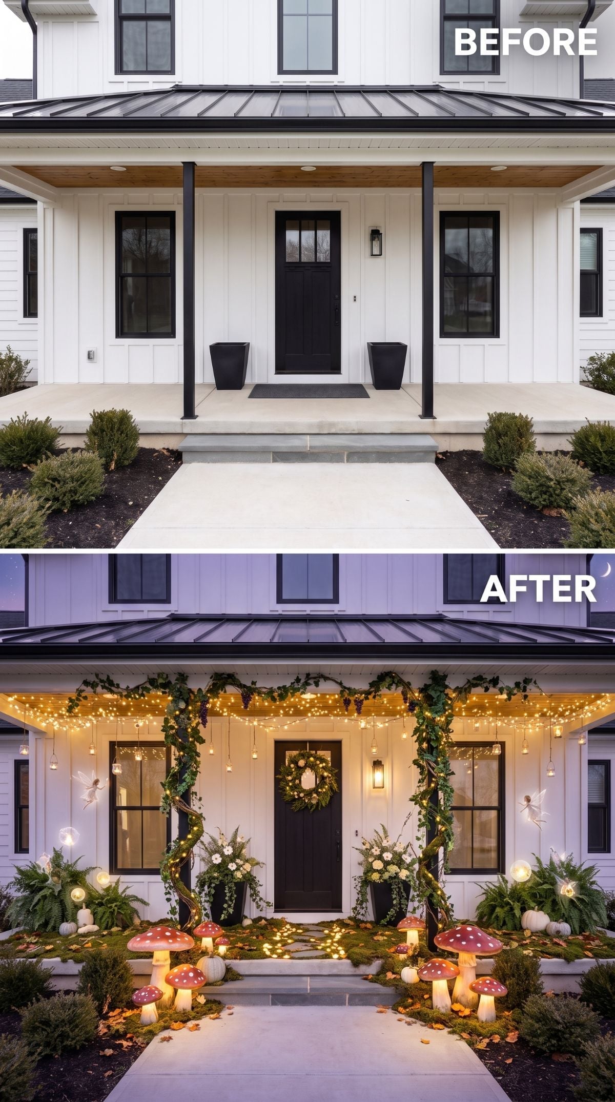Enchanted Forest Halloween: Fairy Lights and Giant Mushrooms Claim a Modern Farmhouse Porch