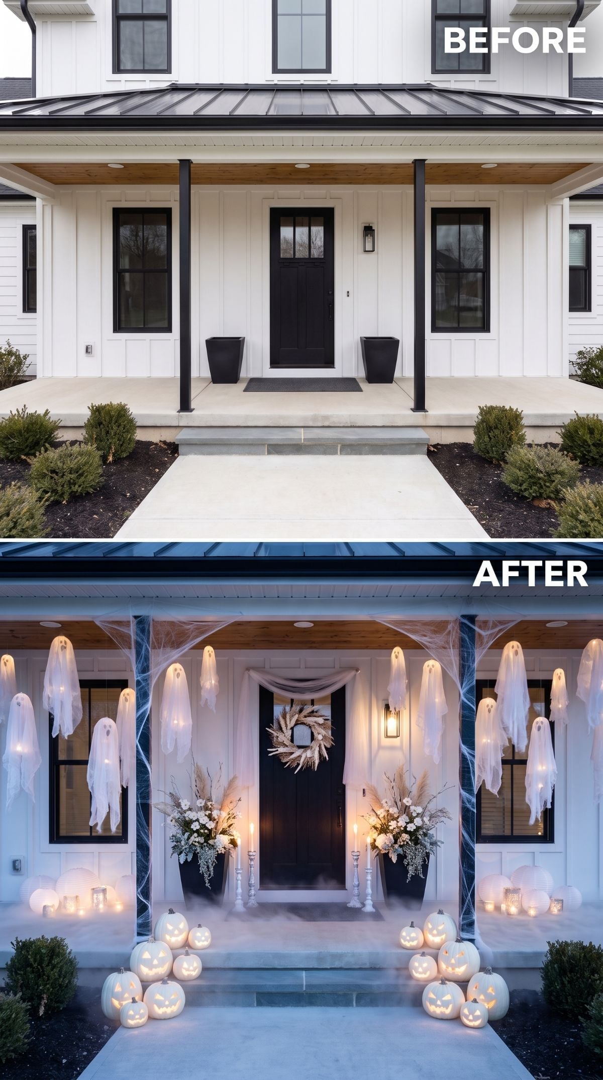 Ghost-Draped and Glowing: White Pumpkins and Floating Spirits Claim a Farmhouse Porch