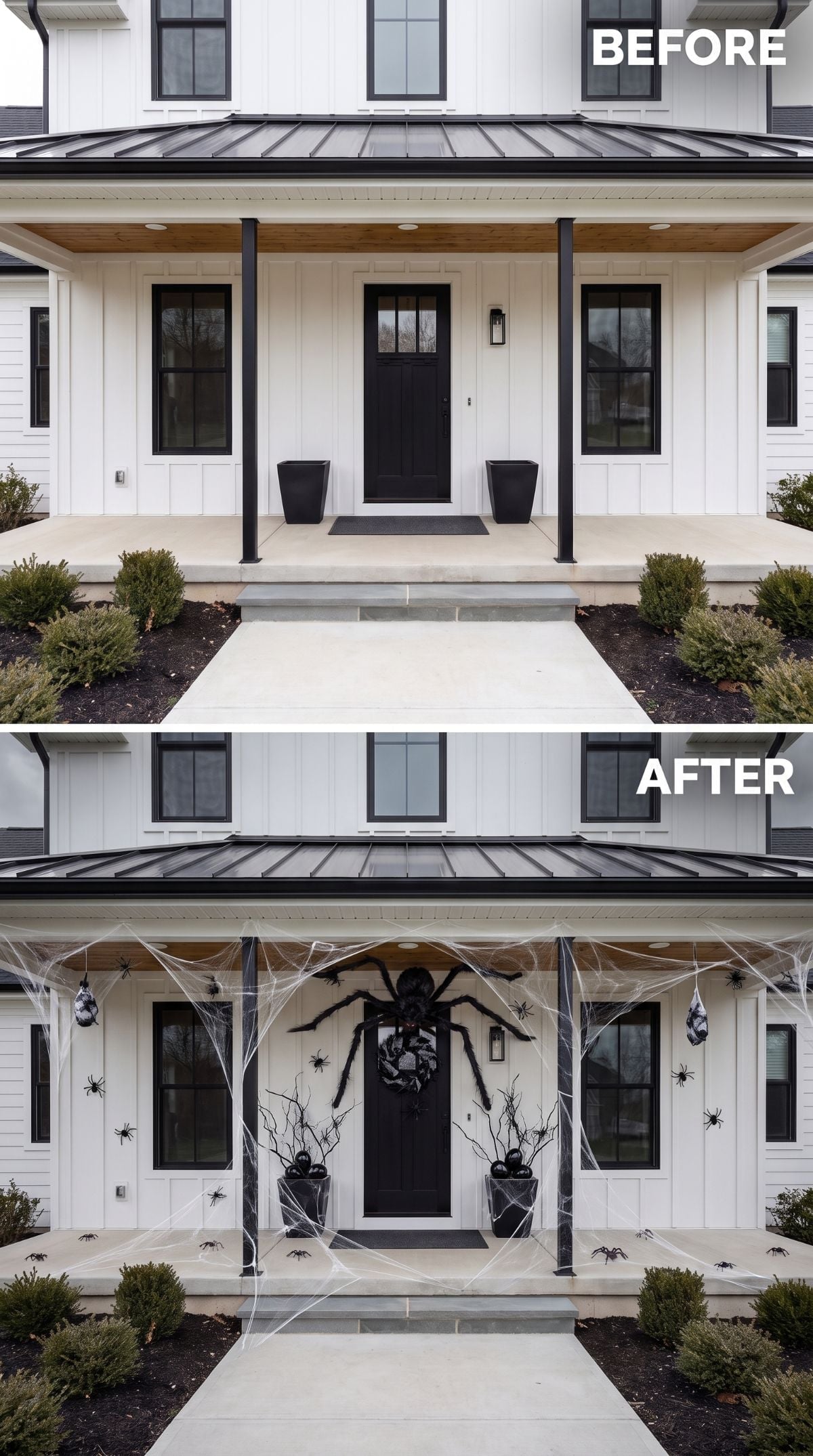 Giant Spider and Stretch Cobwebs Turn a White Farmhouse Porch Into Arachnid Territory