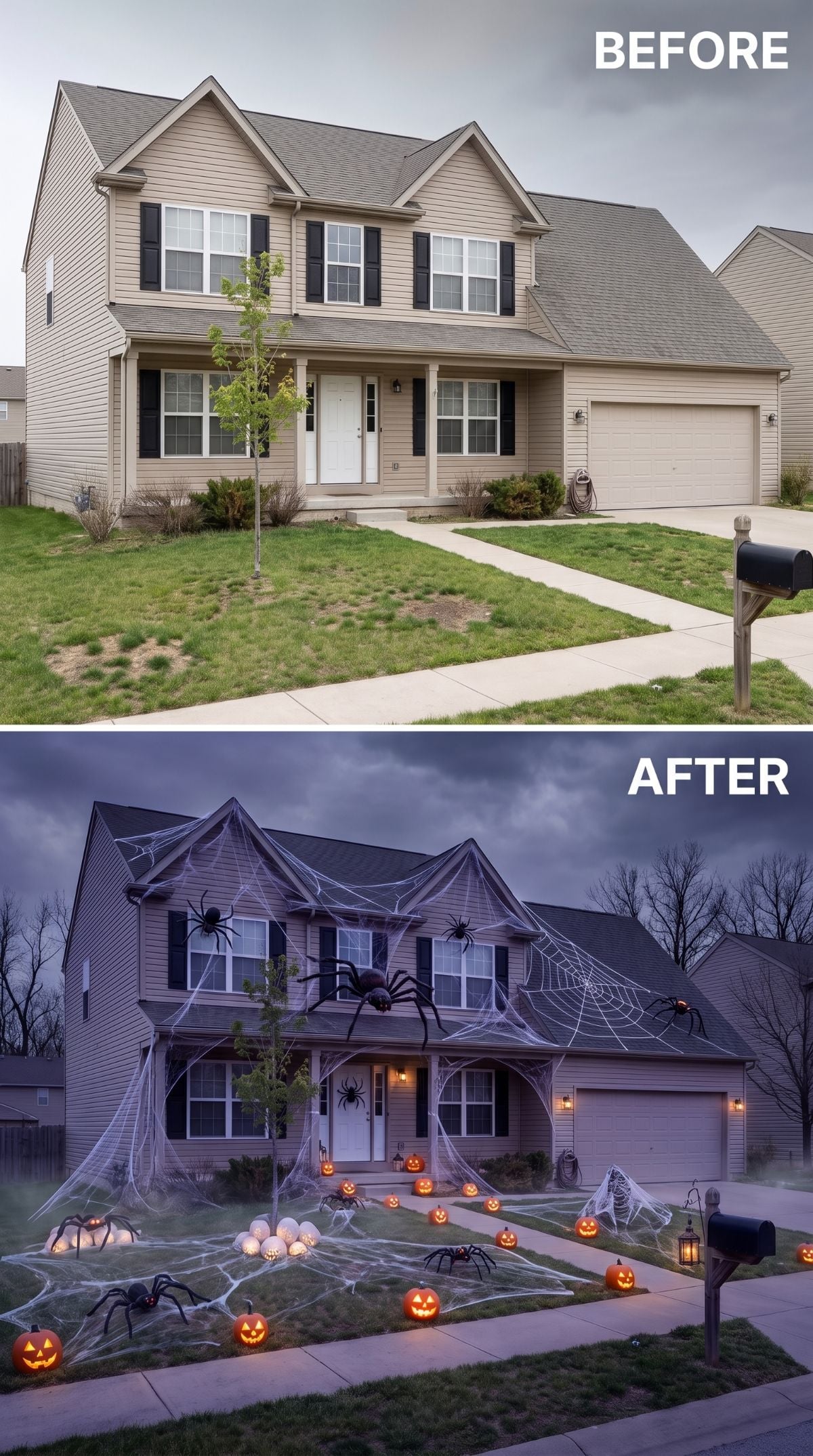 Giant Spiderwebs and Jack-o'-Lanterns Turn Bland Beige Siding Into Pure Halloween Theater