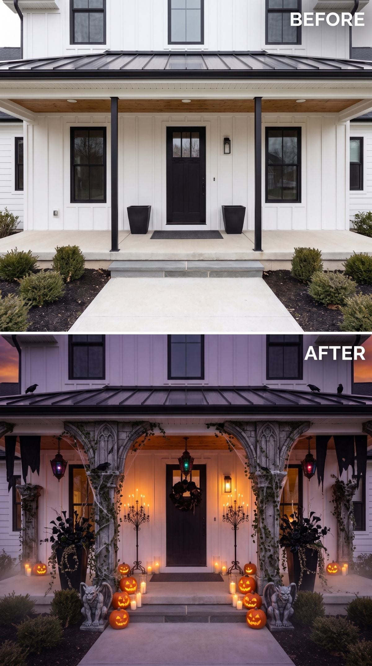 Gothic Stone Arches and Dozens of Jack-o'-Lanterns Consume a Crisp Modern Farmhouse Entry