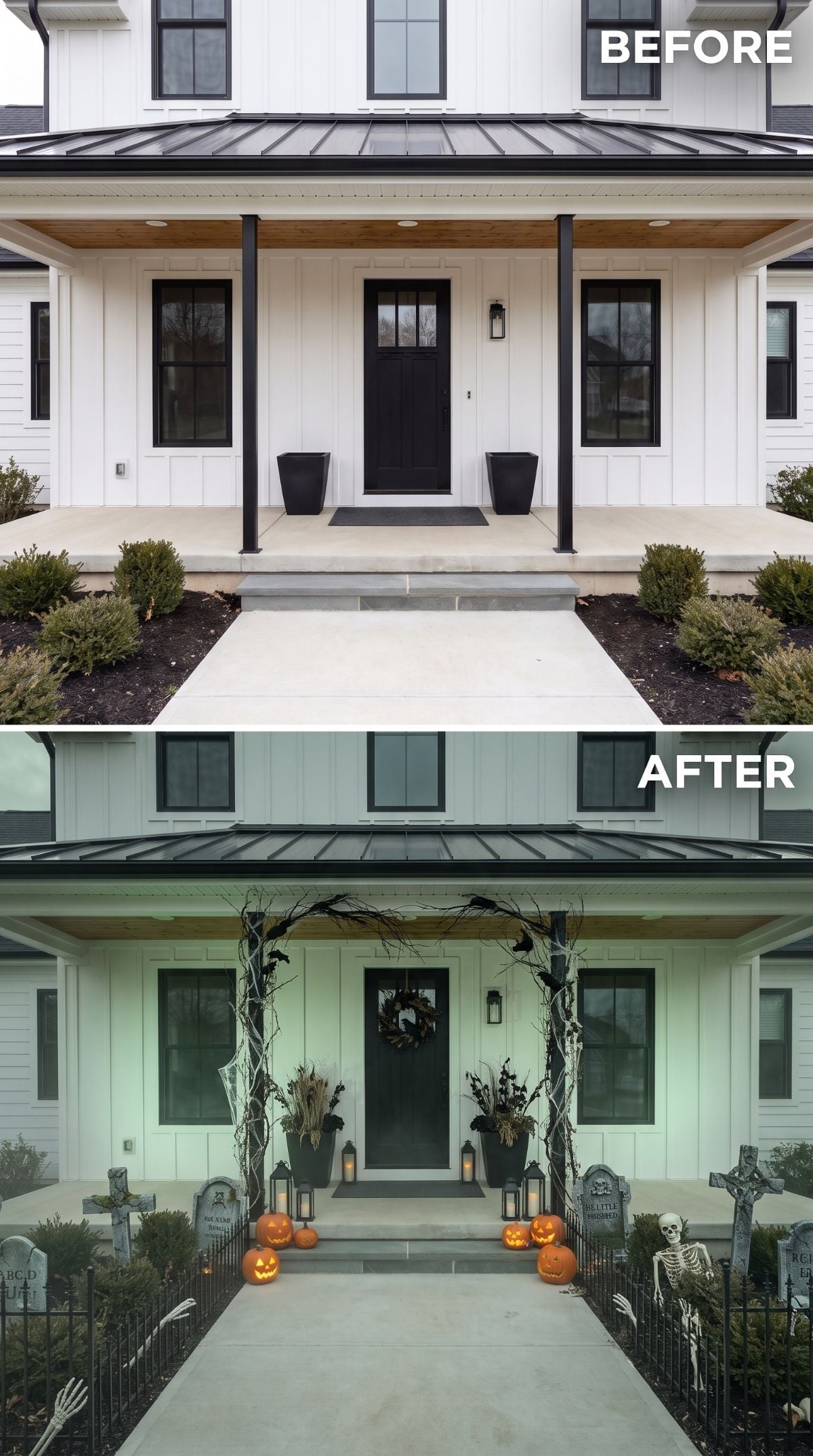 Graveyard Gates and Glowing Jack-o'-Lanterns Claim a Modern Farmhouse Porch