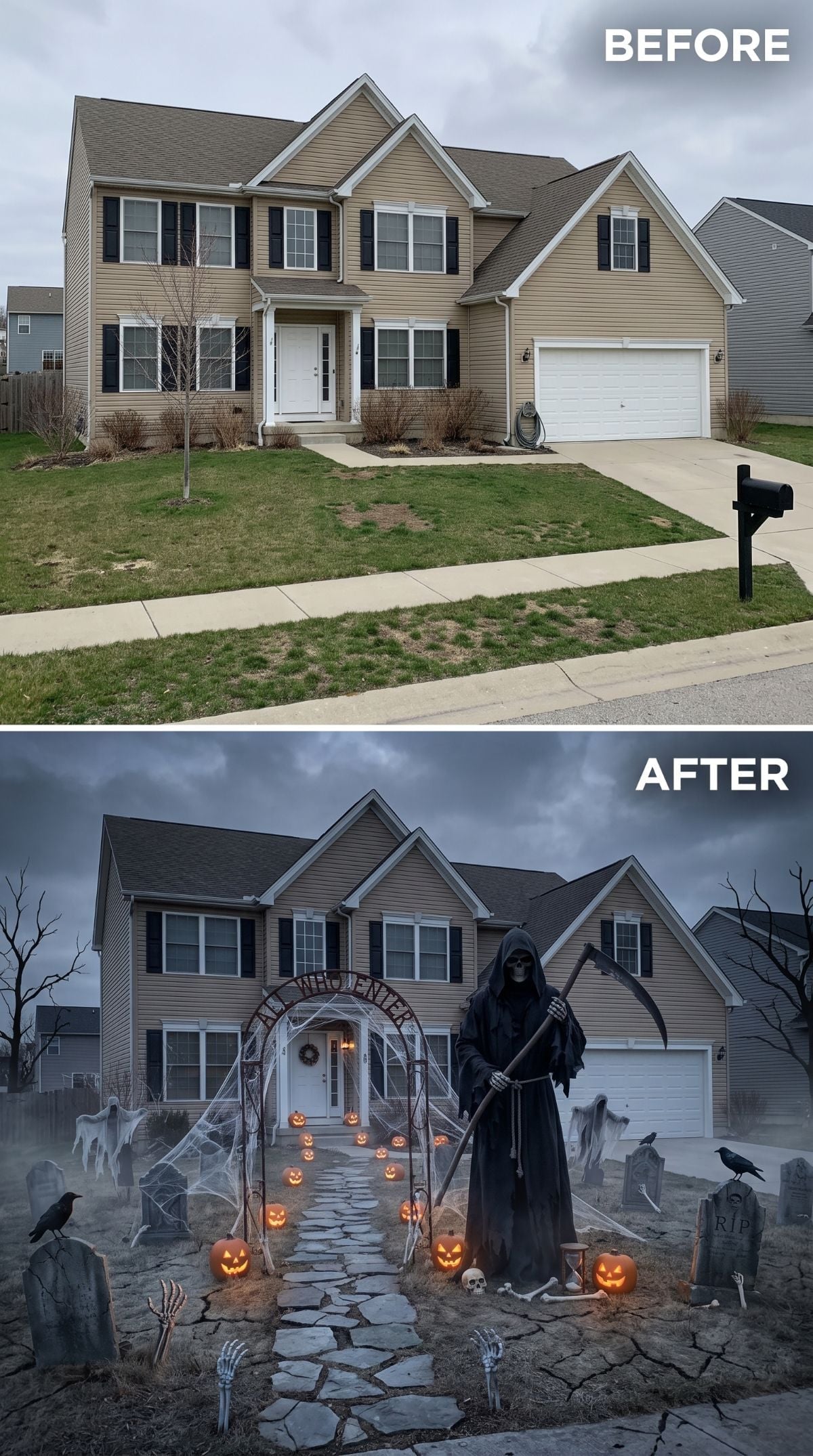 Grim Reaper Guards the Door While Jack-o'-Lanterns Line the Path to Nowhere Good