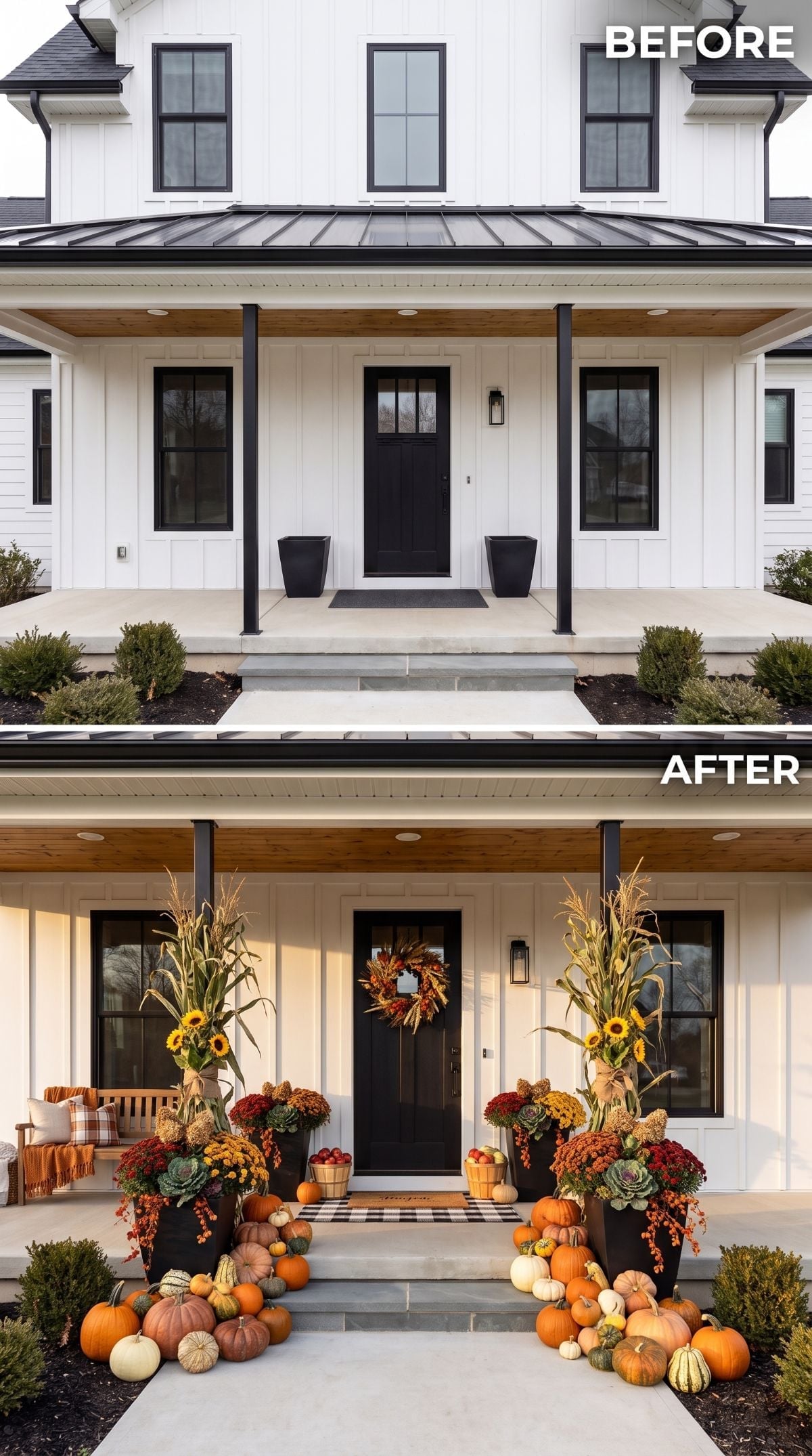 Harvest Season Takes Over a Modern Farmhouse Porch With Pumpkins and Sunflowers