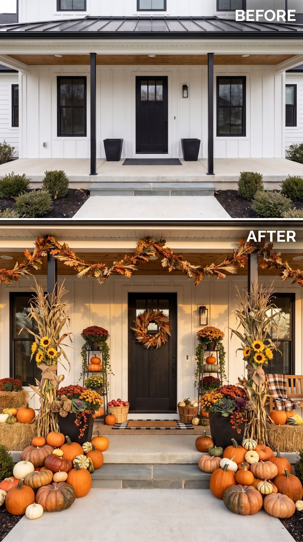 Harvest Takeover: Corn Stalks, Mums, and Pumpkins Bury a Modern Farmhouse Porch