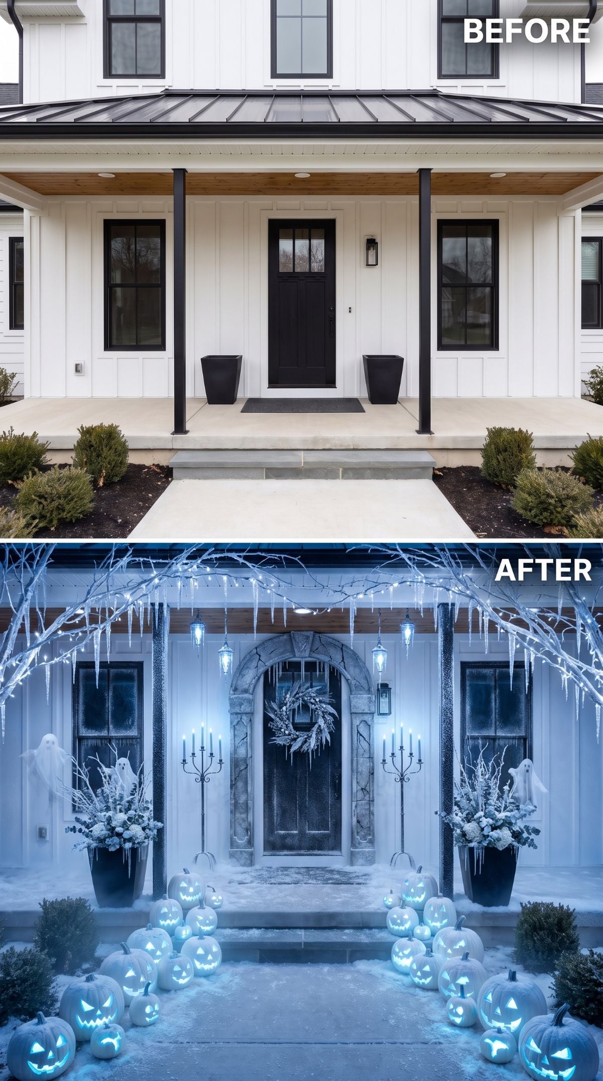 Ice Queen Halloween: White Pumpkins, Icicles, and Ghost Props Haunt a Farmhouse Porch
