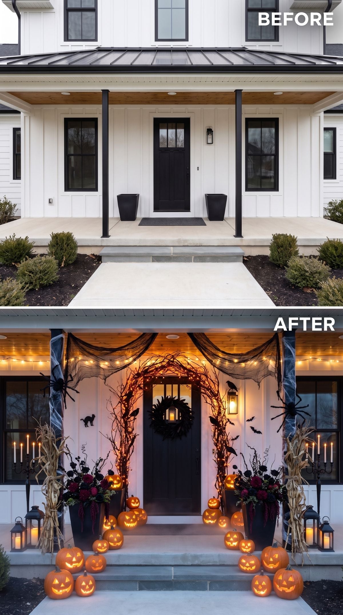 Jack-o'-Lanterns, Lit Branches, and Black Gauze Own a Modern Farmhouse Porch