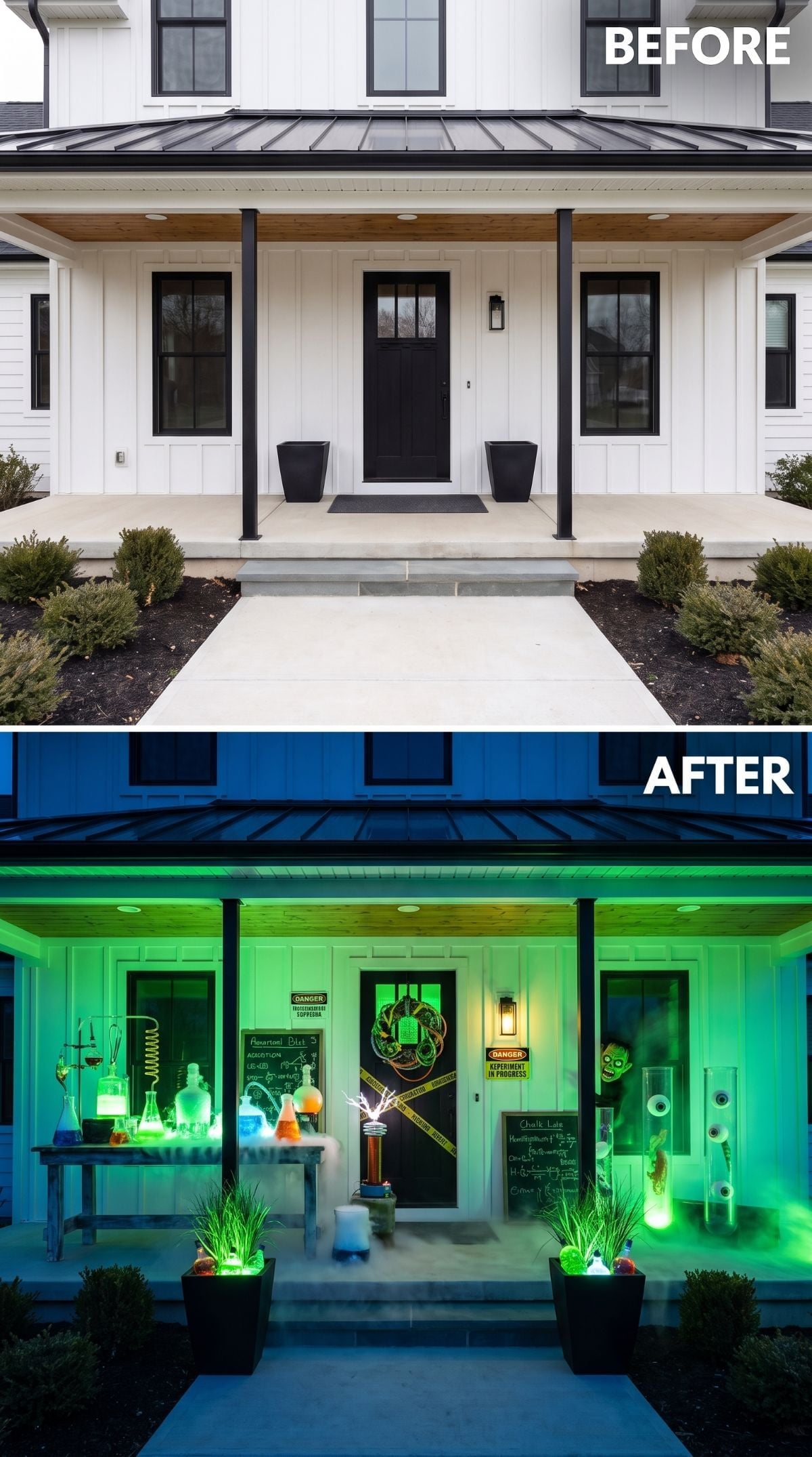 Mad Scientist Lab Takes Over a Crisp Modern Farmhouse Porch for Halloween