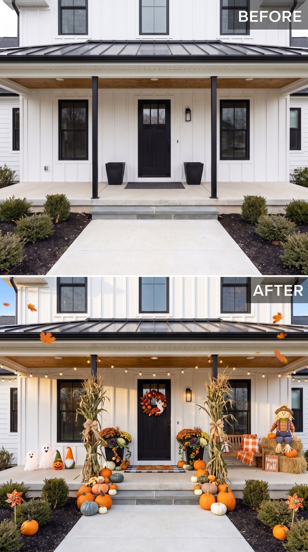 Modern Farmhouse Porch Gets Full Halloween Treatment With Pumpkins and Corn Stalks