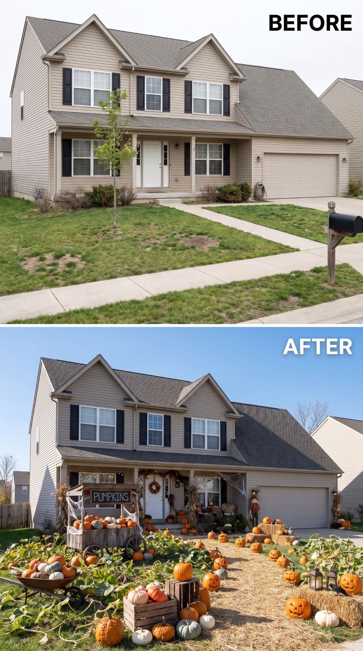 Pumpkin Stand, Hay Bales, and Jack-o'-Lanterns Swallow an Entire Suburban Front Yard