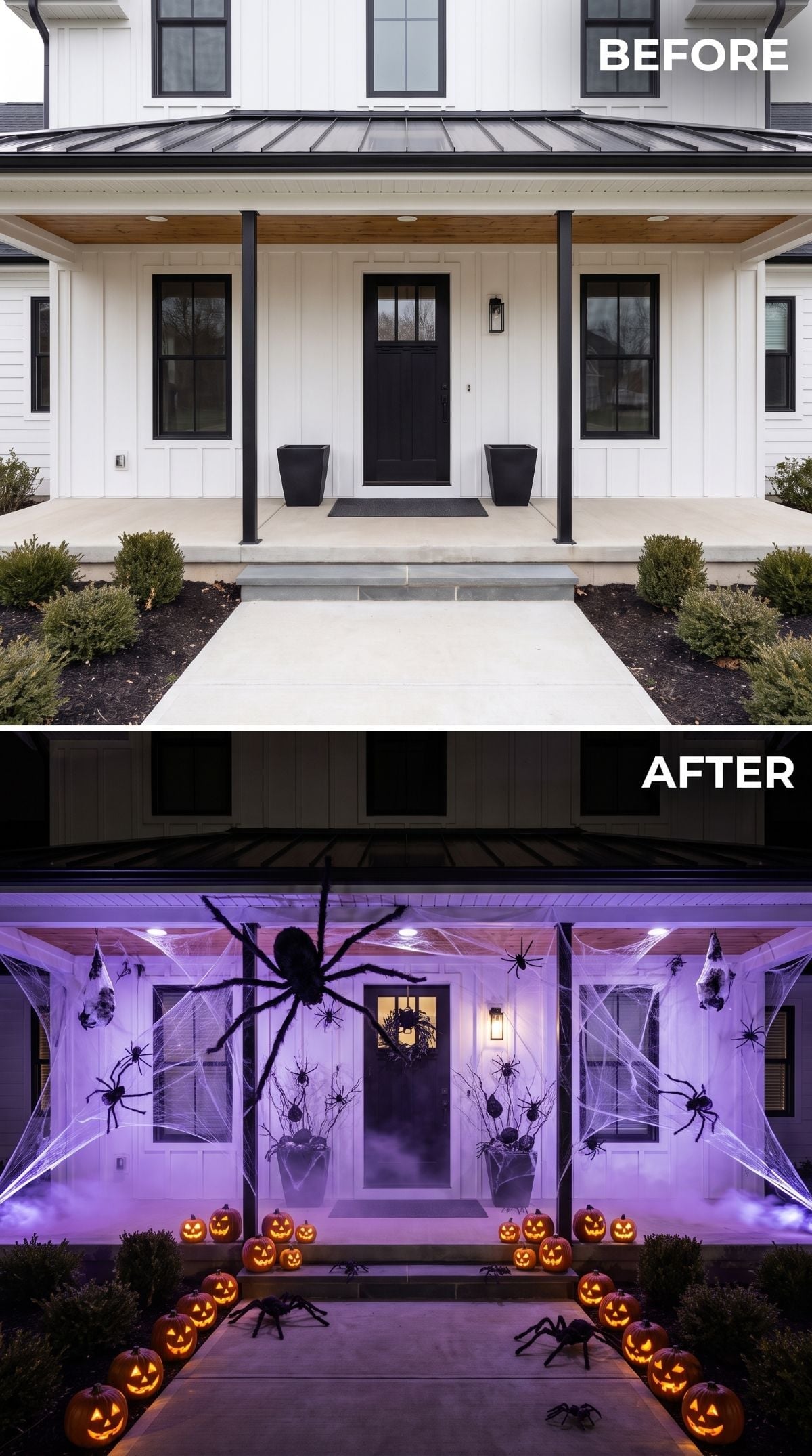 Purple Fog and Giant Spiders Consume a Spotless Modern Farmhouse Porch