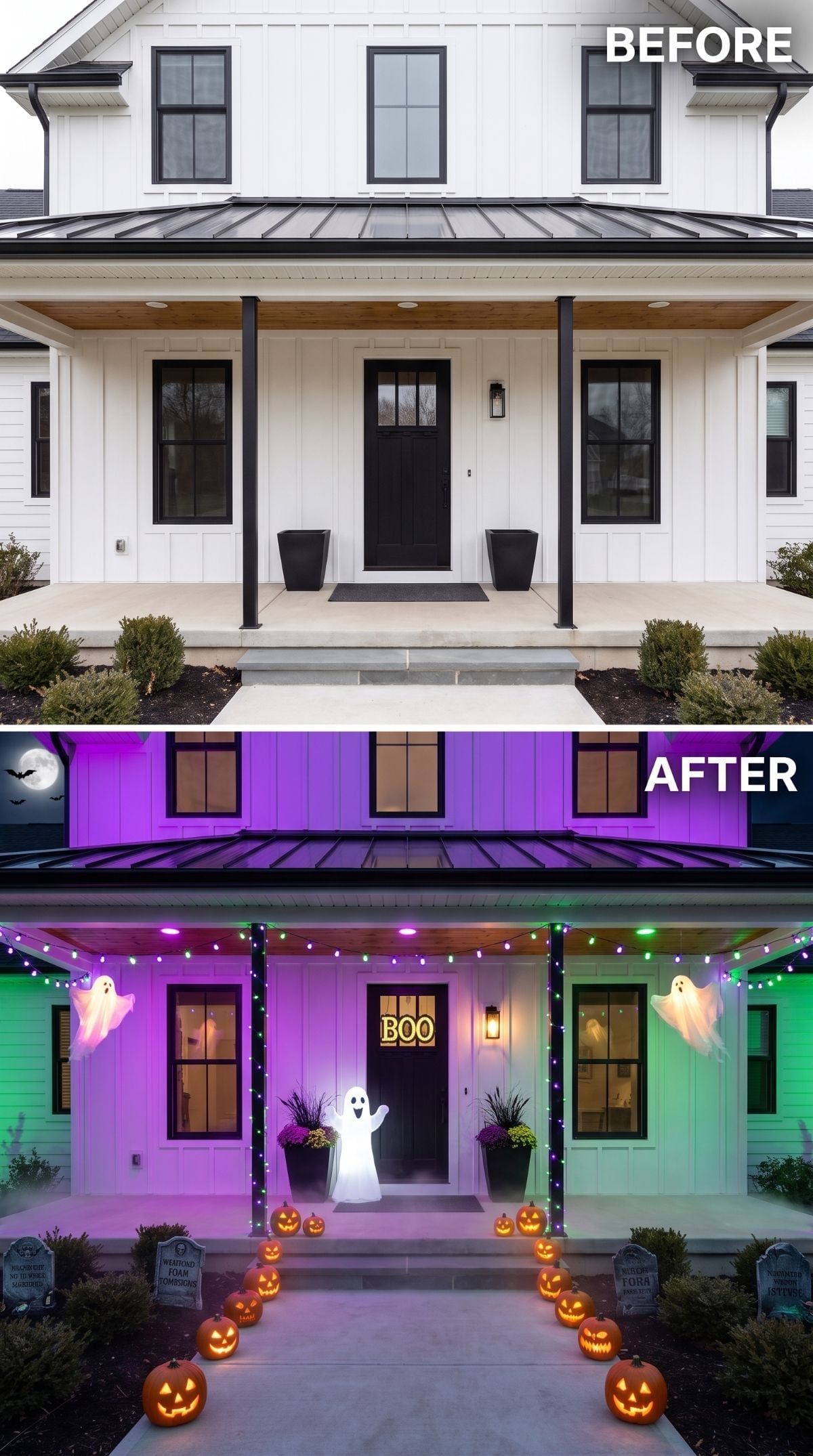 Purple Light and Jack-o'-Lanterns Turn a Farmhouse Porch Into Halloween Central