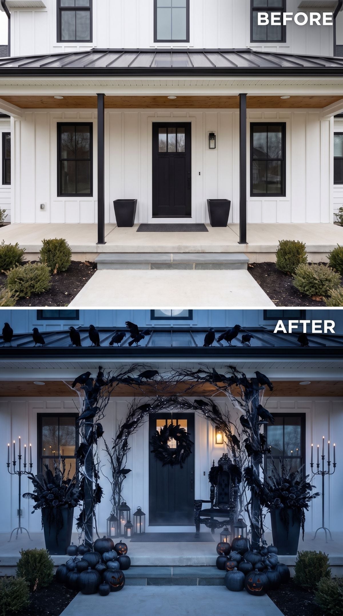 Ravens, Black Pumpkins, and Candlelight Claim a Spotless Modern Farmhouse Porch