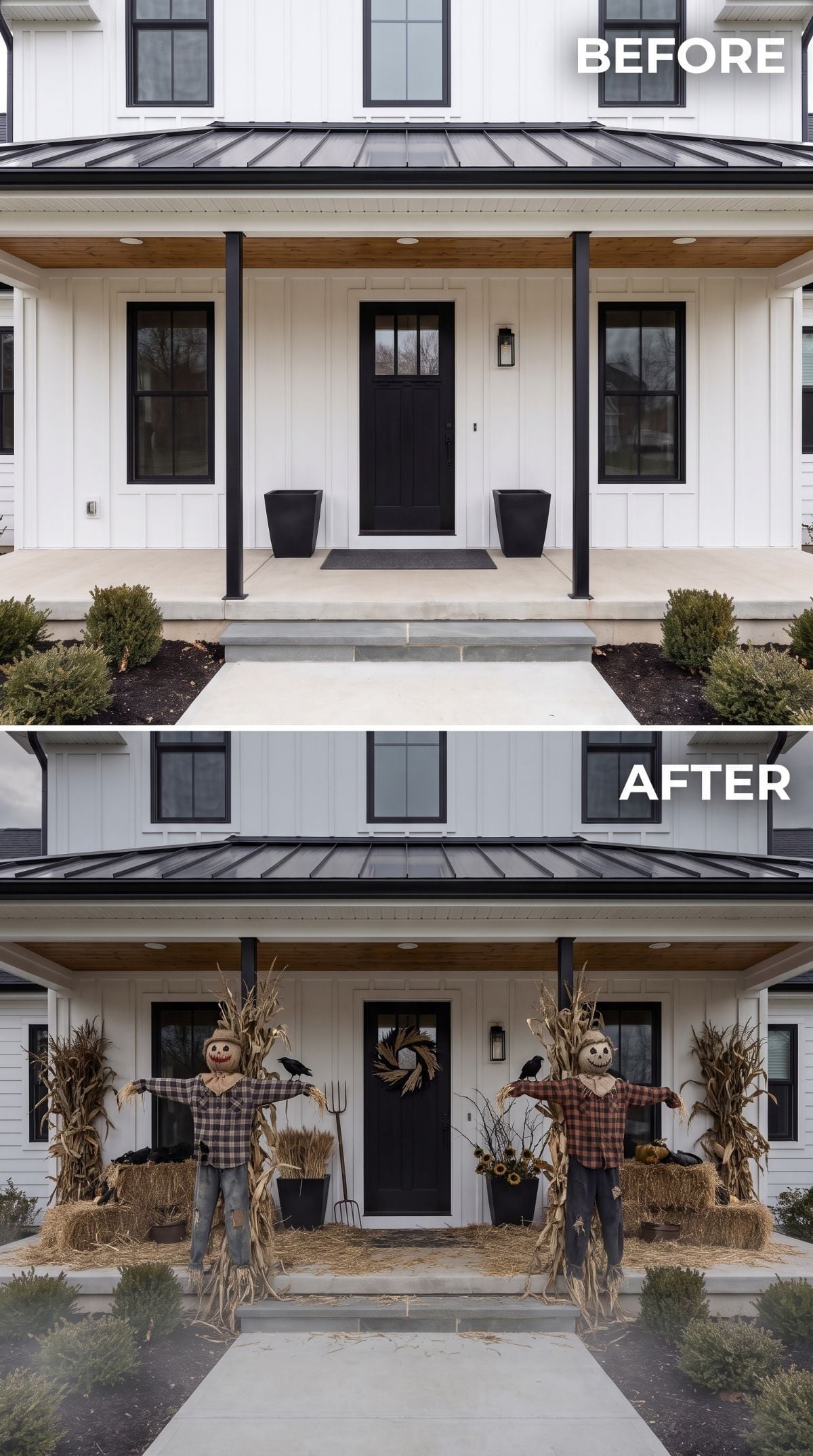 Scarecrows and Corn Stalks Take Over a Modern Farmhouse Porch for Halloween