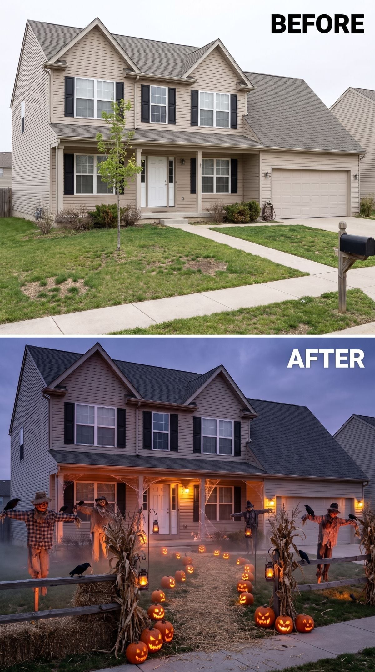 Scarecrows, Jack-o'-Lanterns, and Ground Fog Swallow a Subdivision Home Whole